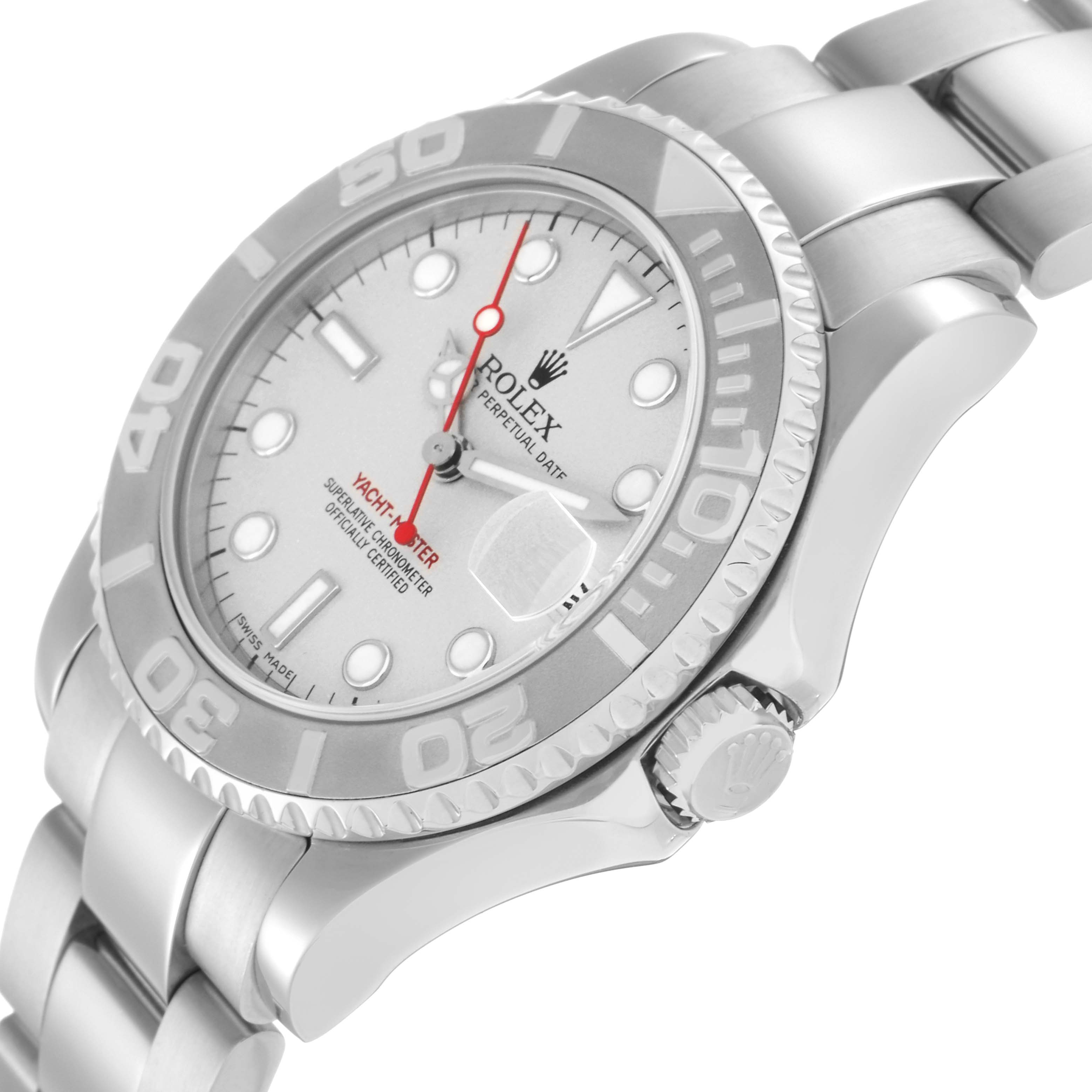 The Rolex Yacht-Master 168622 Men
s Stainless Steel Silver Dial 168622 Men
s Stainless Steel Silver Dial watch is shown from an angled side view, highlighting the face, bezel, crown, and bracelet.