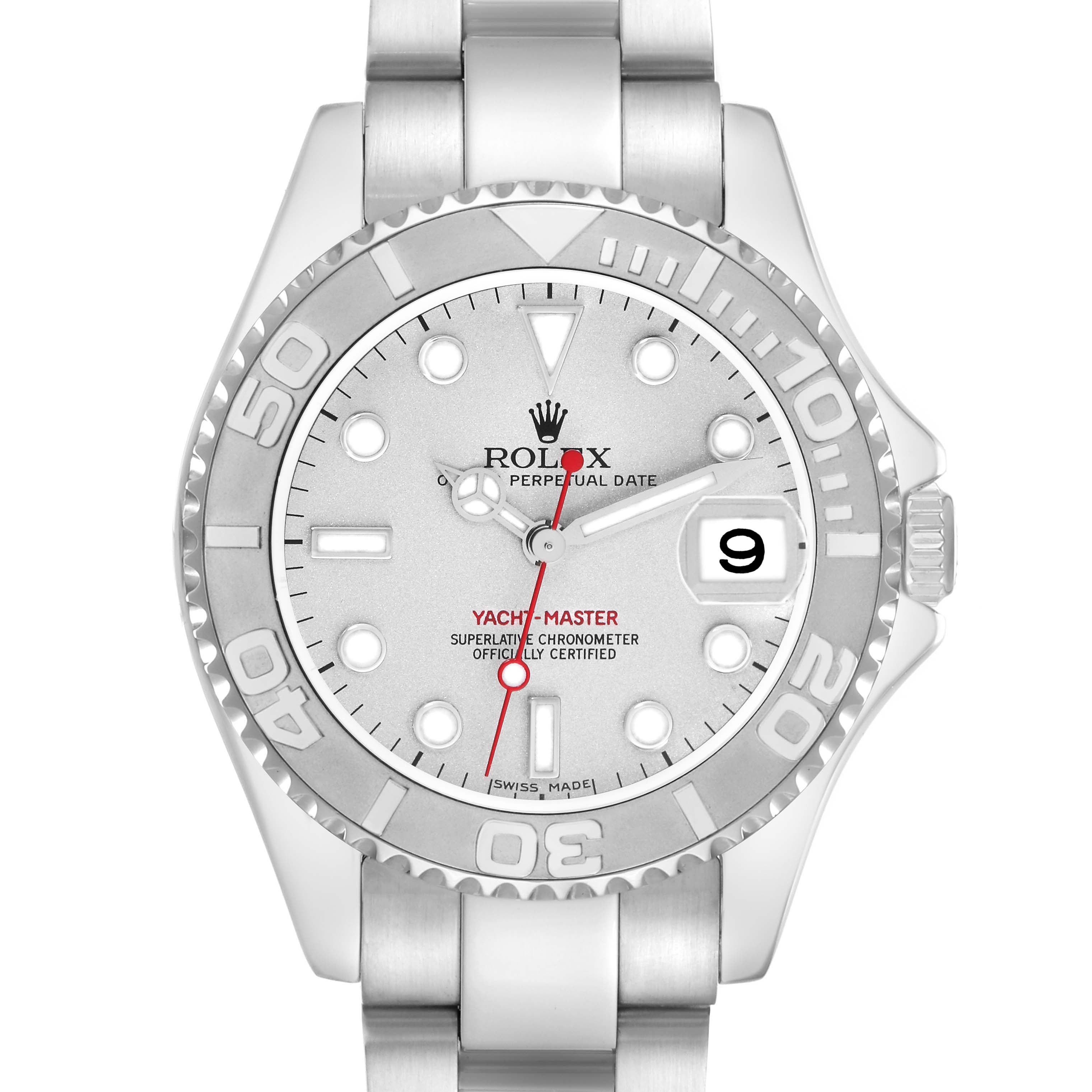 The Rolex Yacht-Master 168622 Men
s Stainless Steel Silver Dial 168622 Men
s Stainless Steel Silver Dial watch is shown from a top-down angle, highlighting the face, bezel, and part of the bracelet.