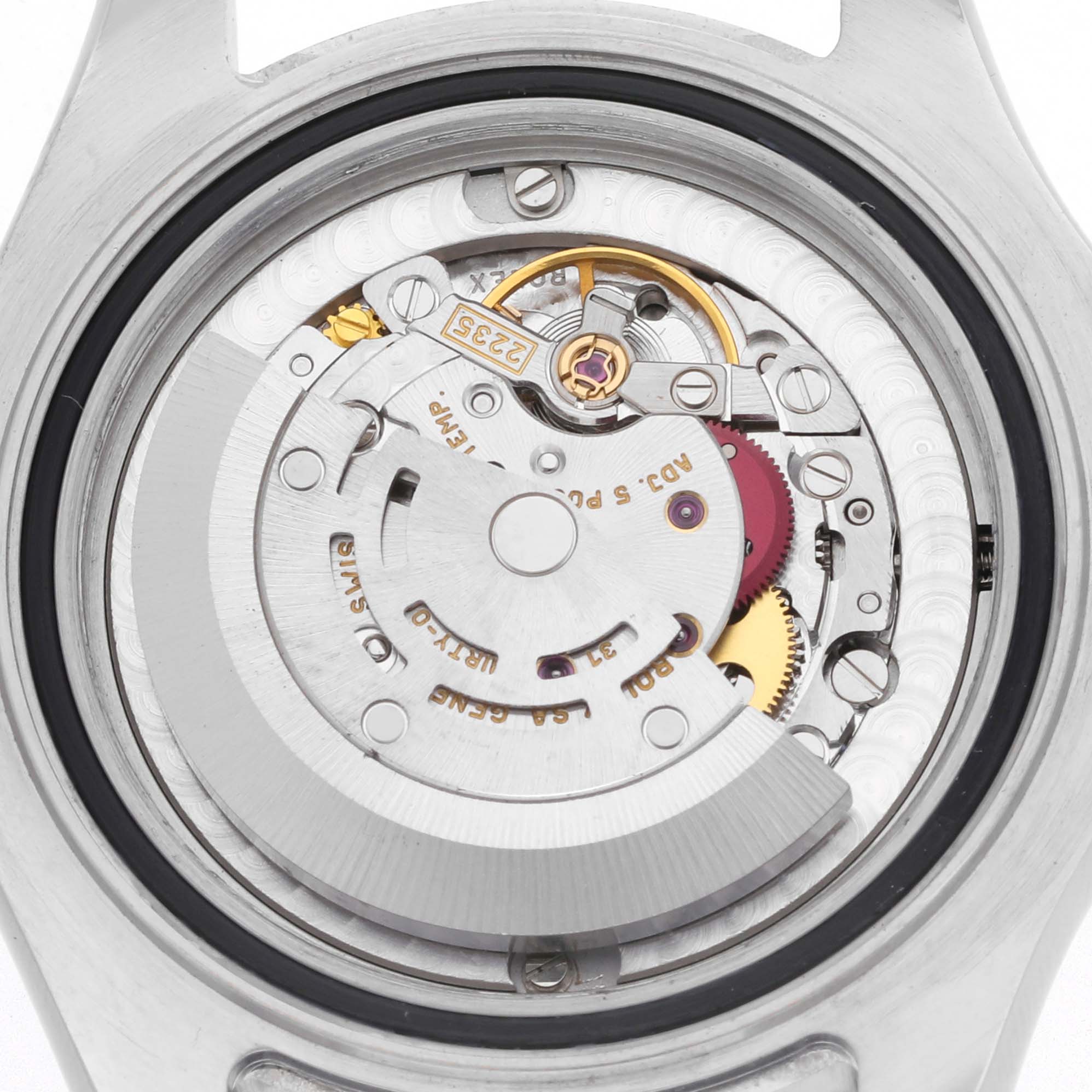 The image shows the intricate movement parts of a Rolex Yacht-Master 168622 Men
s Stainless Steel Silver Dial 168622 Men
s Stainless Steel Silver Dial, viewed from the back casing.
