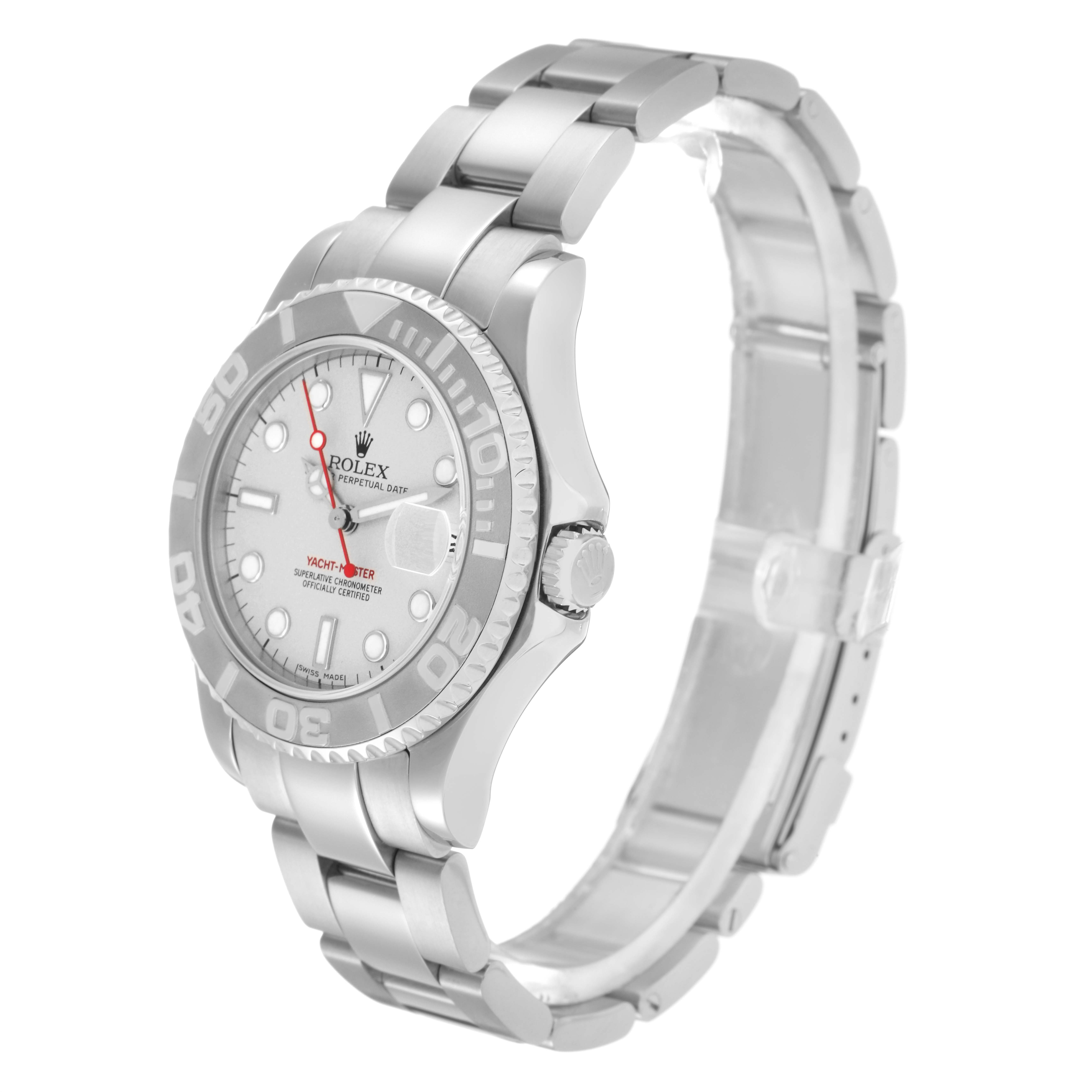 The Rolex Yacht-Master 168622 Men
s Stainless Steel Silver Dial 168622 Men
s Stainless Steel Silver Dial watch is shown at a three-quarter angle, highlighting the bracelet, bezel, and face.