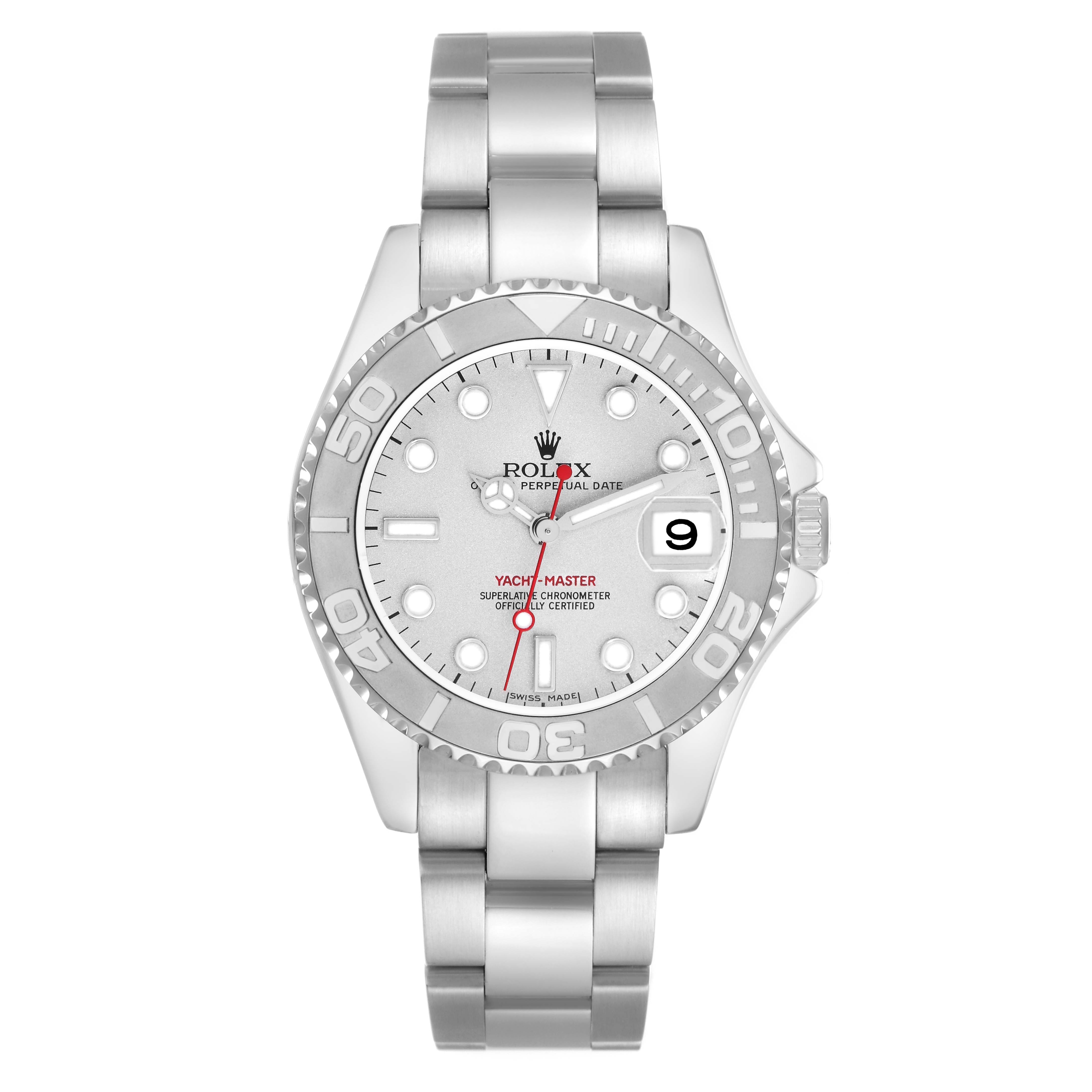 The Rolex Yacht-Master 168622 Men
s Stainless Steel Silver Dial 168622 Men
s Stainless Steel Silver Dial watch is shown from a front angle, highlighting the dial, bezel, and bracelet.