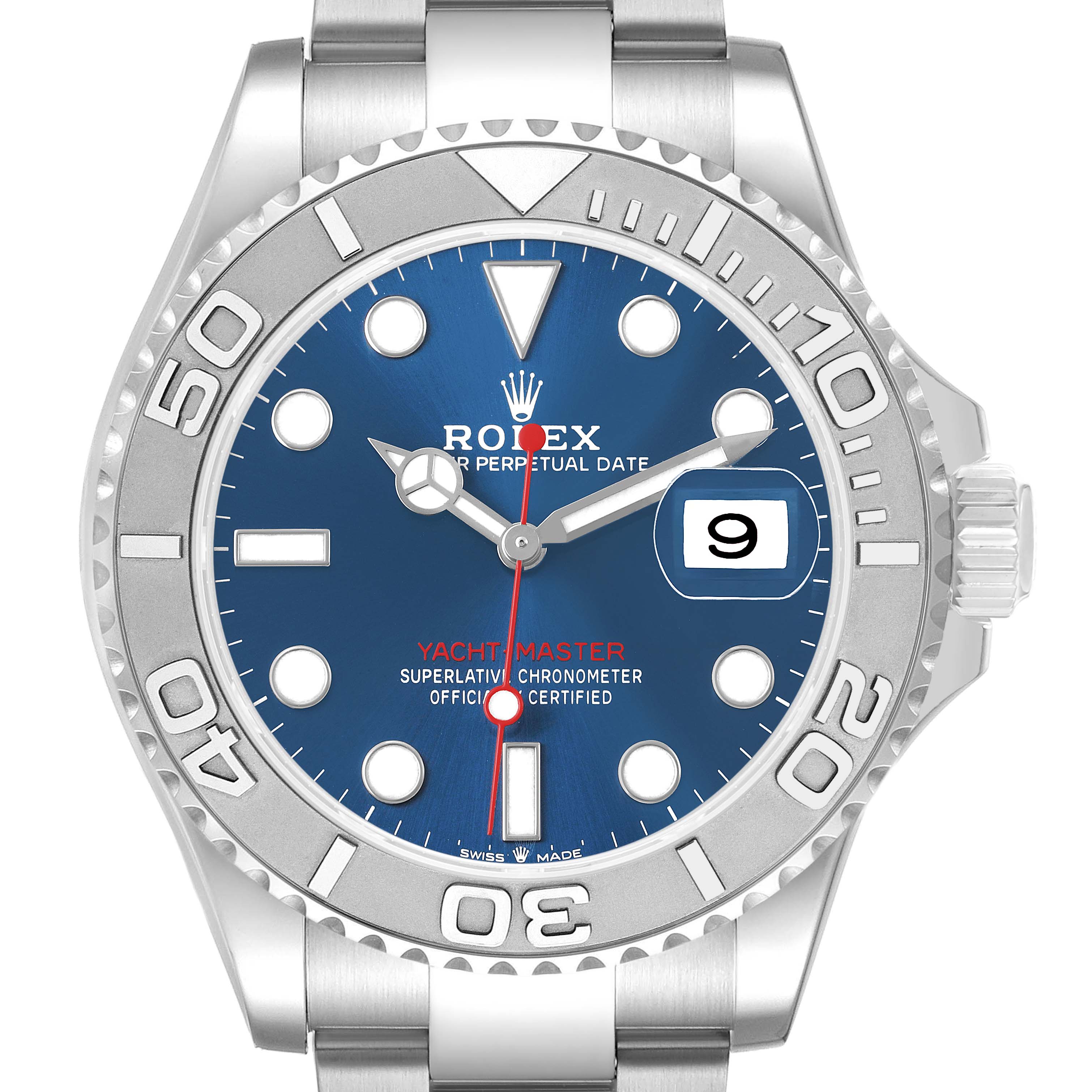 The Rolex Yacht-Master 126622 Men's Stainless Steel Blue Dial watch is shown from the front, highlighting the bezel, dial, hands, and crown.