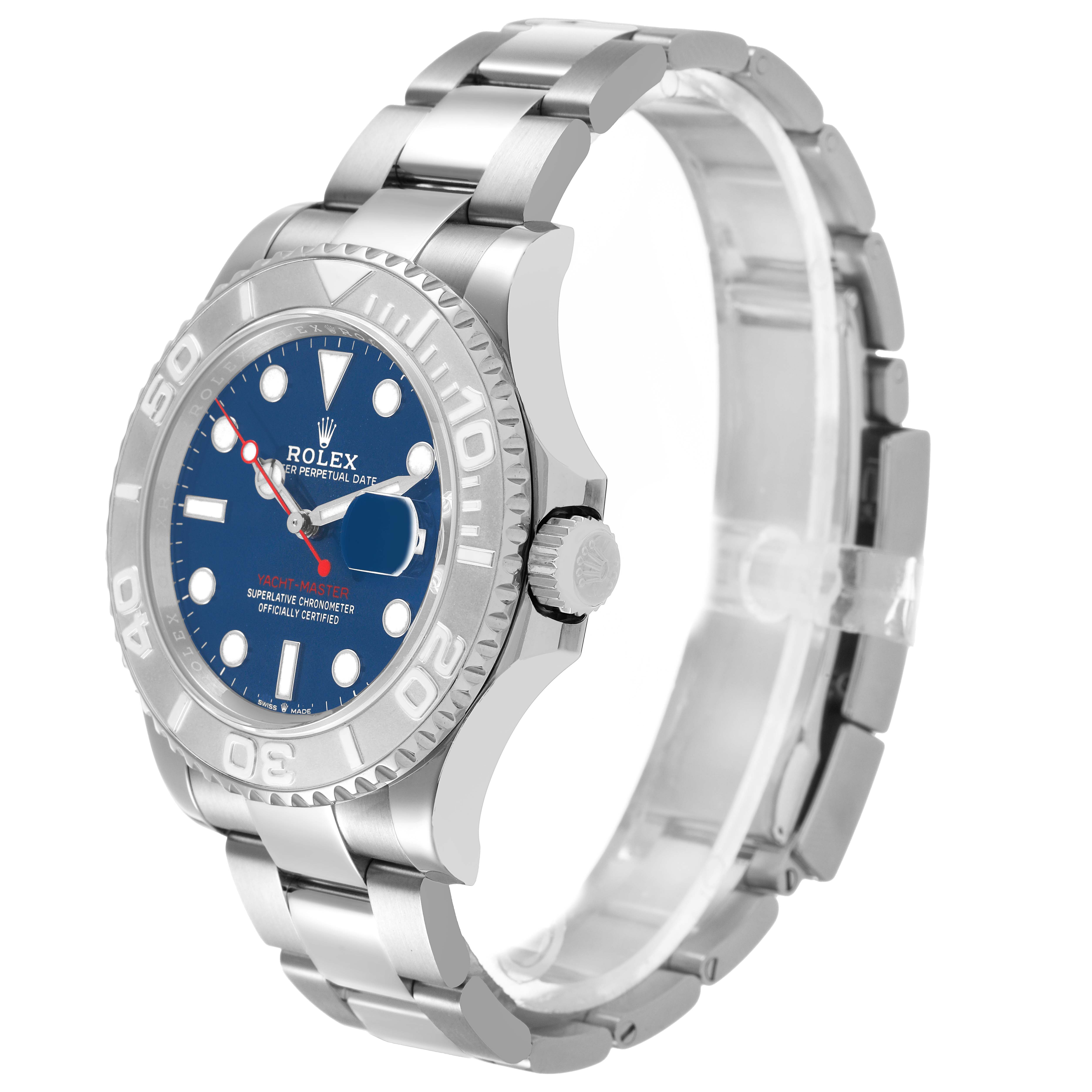 The Rolex Yacht-Master 126622 Men's Stainless Steel Blue Dial watch is shown at a three-quarter angle, highlighting the bezel, crown, dial, and bracelet.