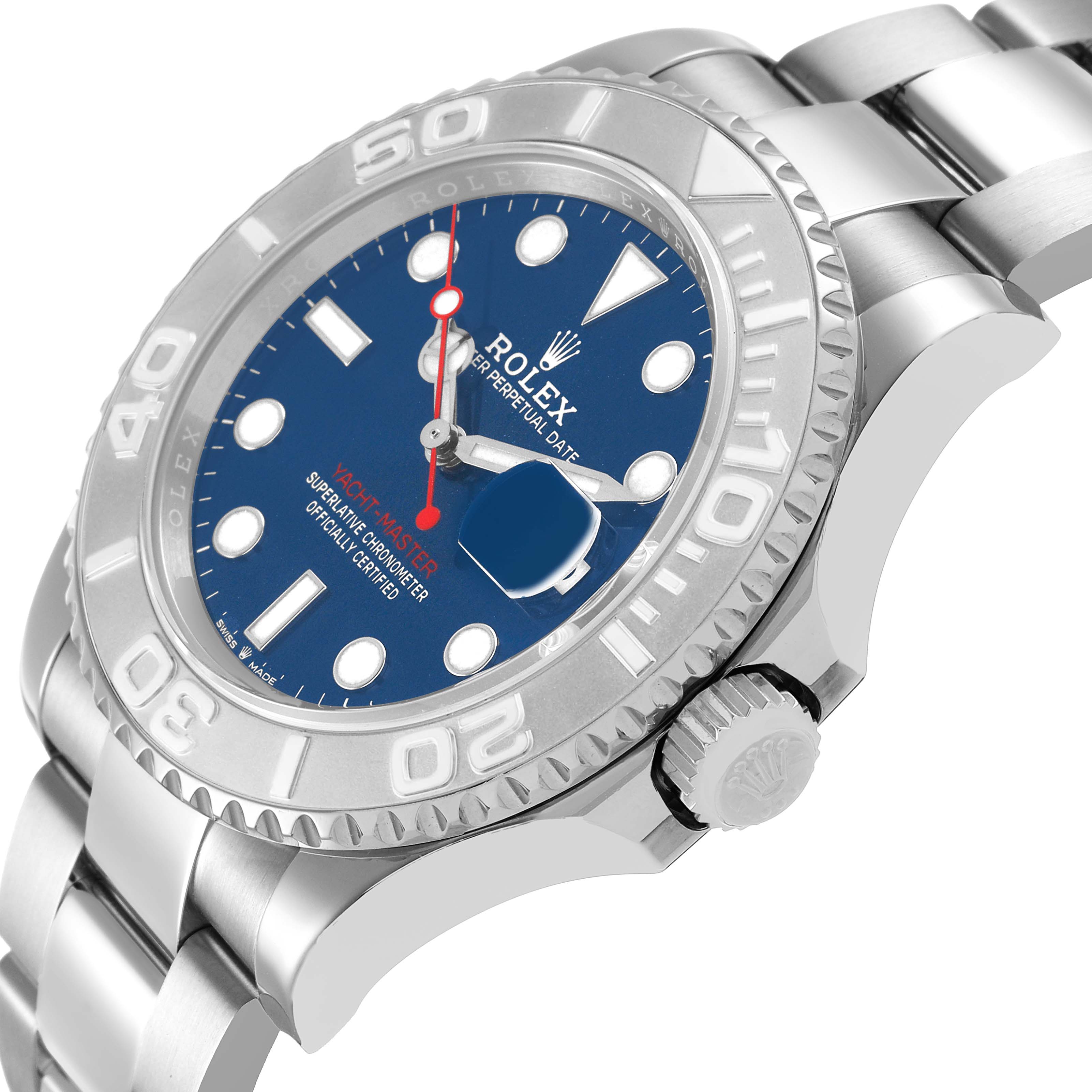 The Rolex Yacht-Master 126622 Men's Stainless Steel Blue Dial watch is shown at a side angle, displaying the bezel, crown, and part of the bracelet.