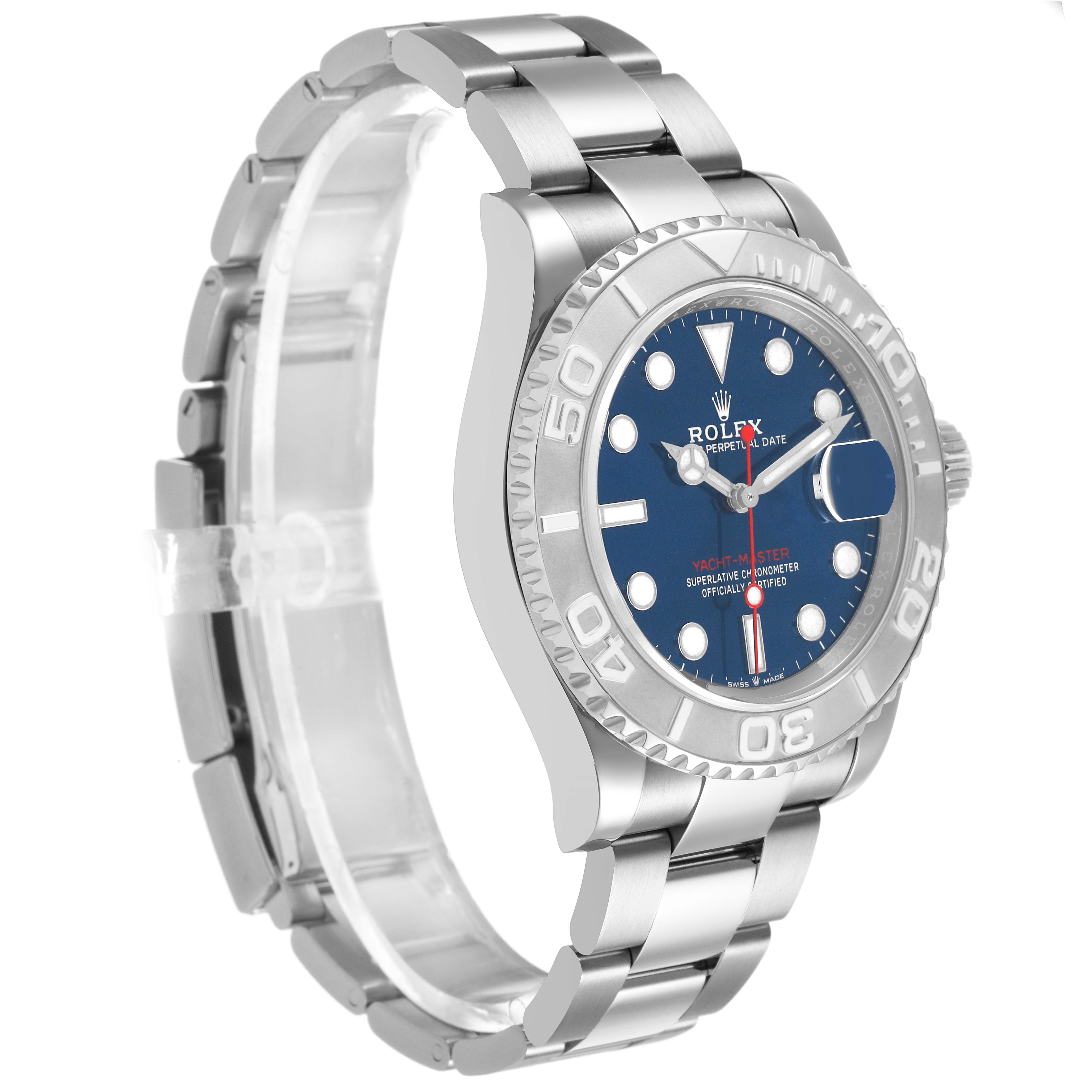 The Rolex Yacht-Master 126622 Men's Stainless Steel Blue Dial watch is shown at a slight side angle, featuring the dial, bezel, case, and bracelet.