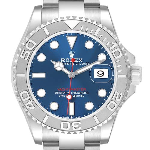 The Rolex Yacht-Master 126622 Men's Stainless Steel Blue Dial is shown from a front angle, highlighting its blue dial, silver bezel, and bracelet.