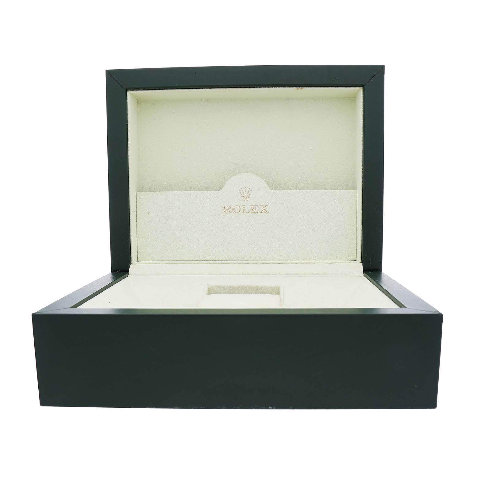 The image shows an open Rolex Yacht-Master 126622 Men's Stainless Steel Blue Dial watch box with a beige interior.