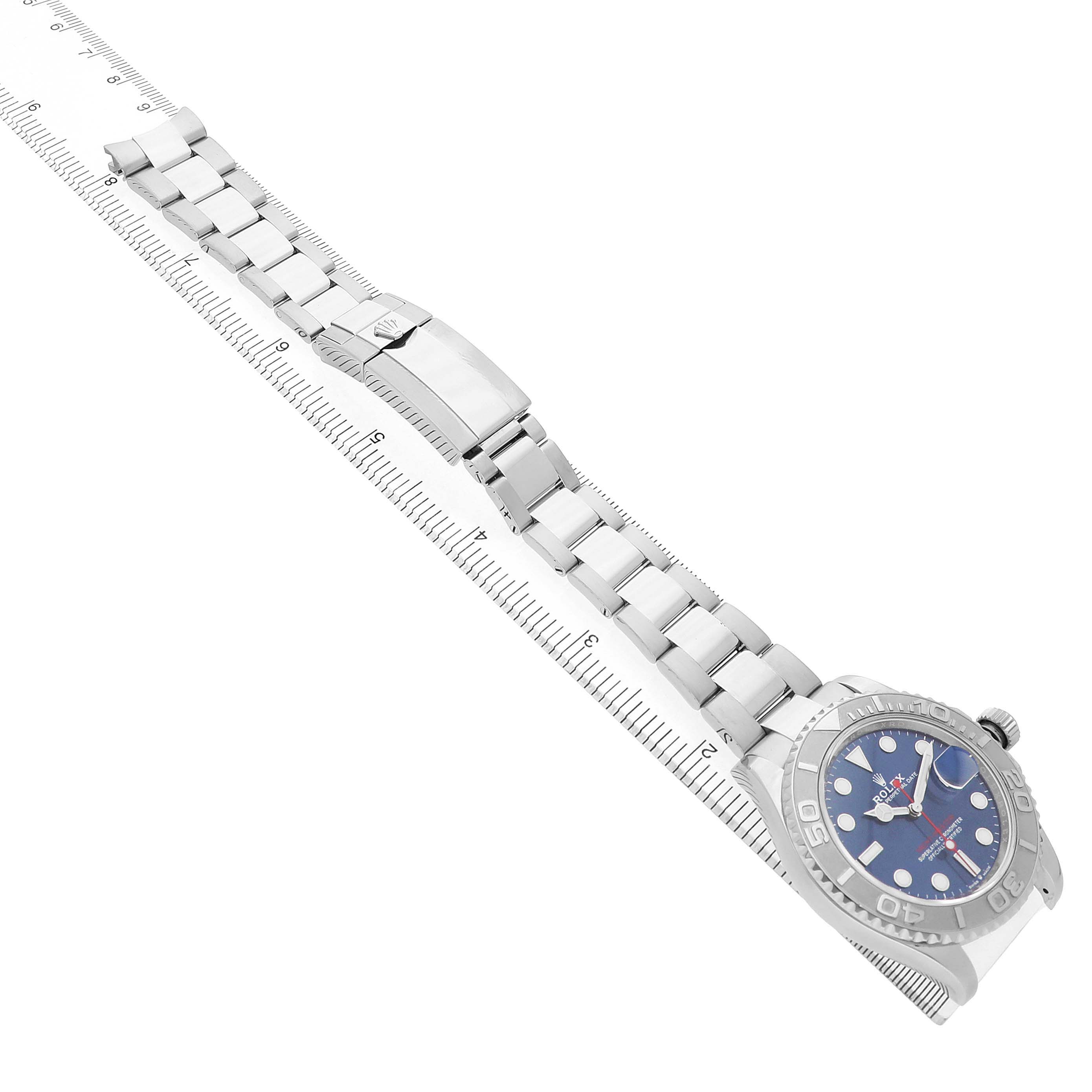 The image shows a tilted top view of the Rolex Yacht-Master 126622 Men's Stainless Steel Blue Dial, highlighting the bracelet and clasp.