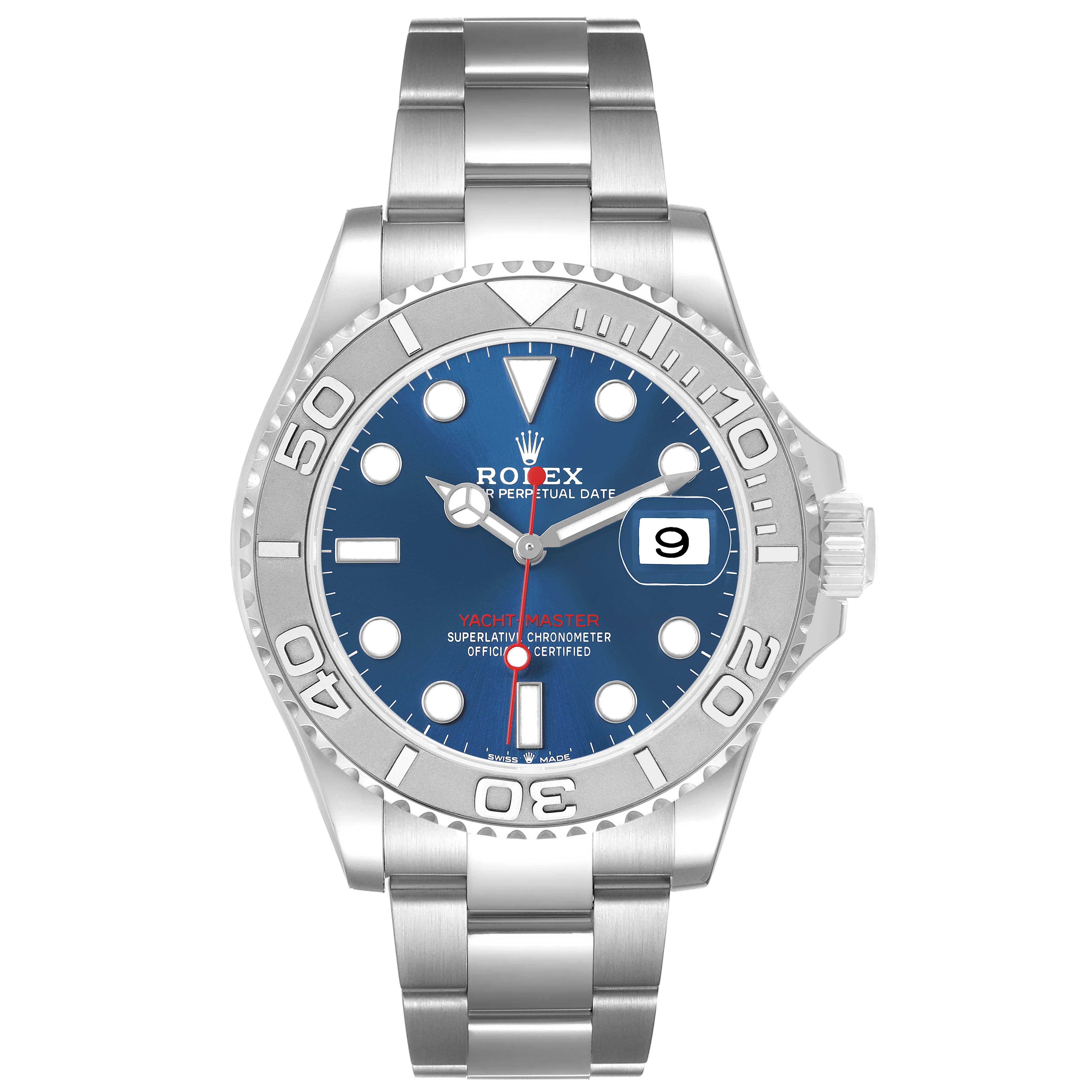 The Rolex Yacht-Master 126622 Men's Stainless Steel Blue Dial watch is shown from a front angle, highlighting its bezel, dial, bracelet, and date window.