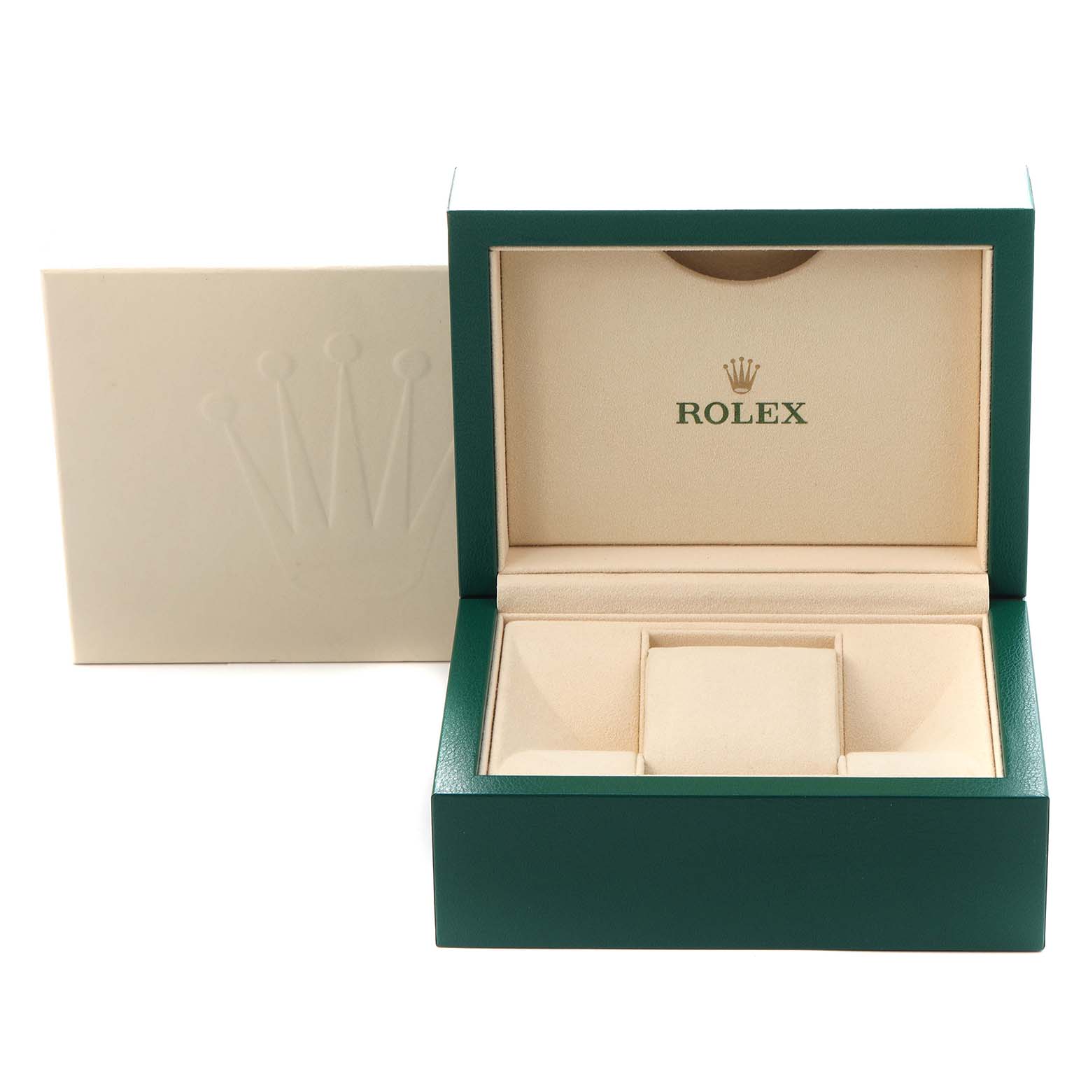 The image shows an open green and beige Rolex Yacht-Master 226659 Men's White Gold Black Dial 226659 Men's White Gold Black Dial watch box from a front angle.