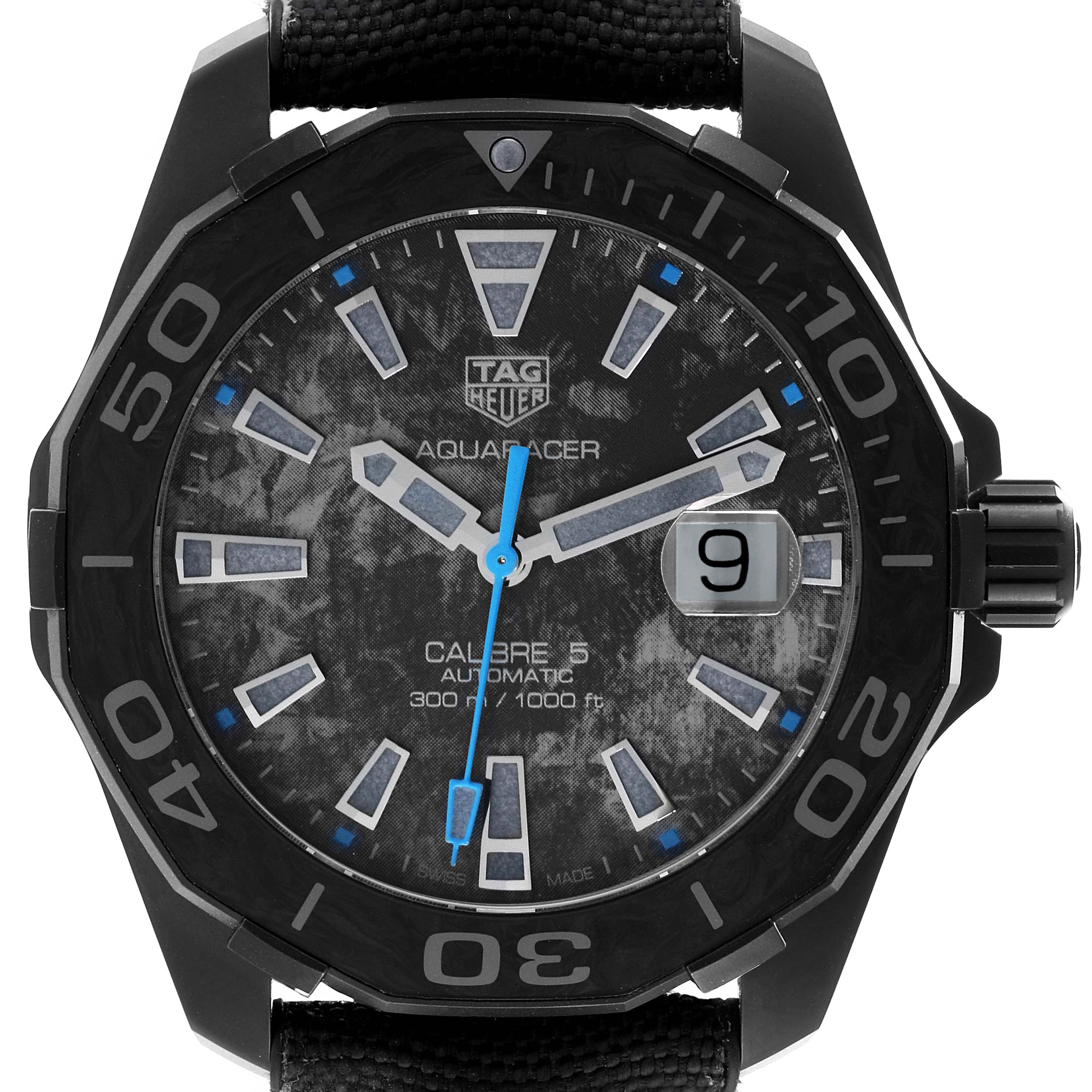 The image shows a front view of the TAG Heuer Aquaracer Calibre 5 Limited Edition watch, highlighting its dial and bezel.