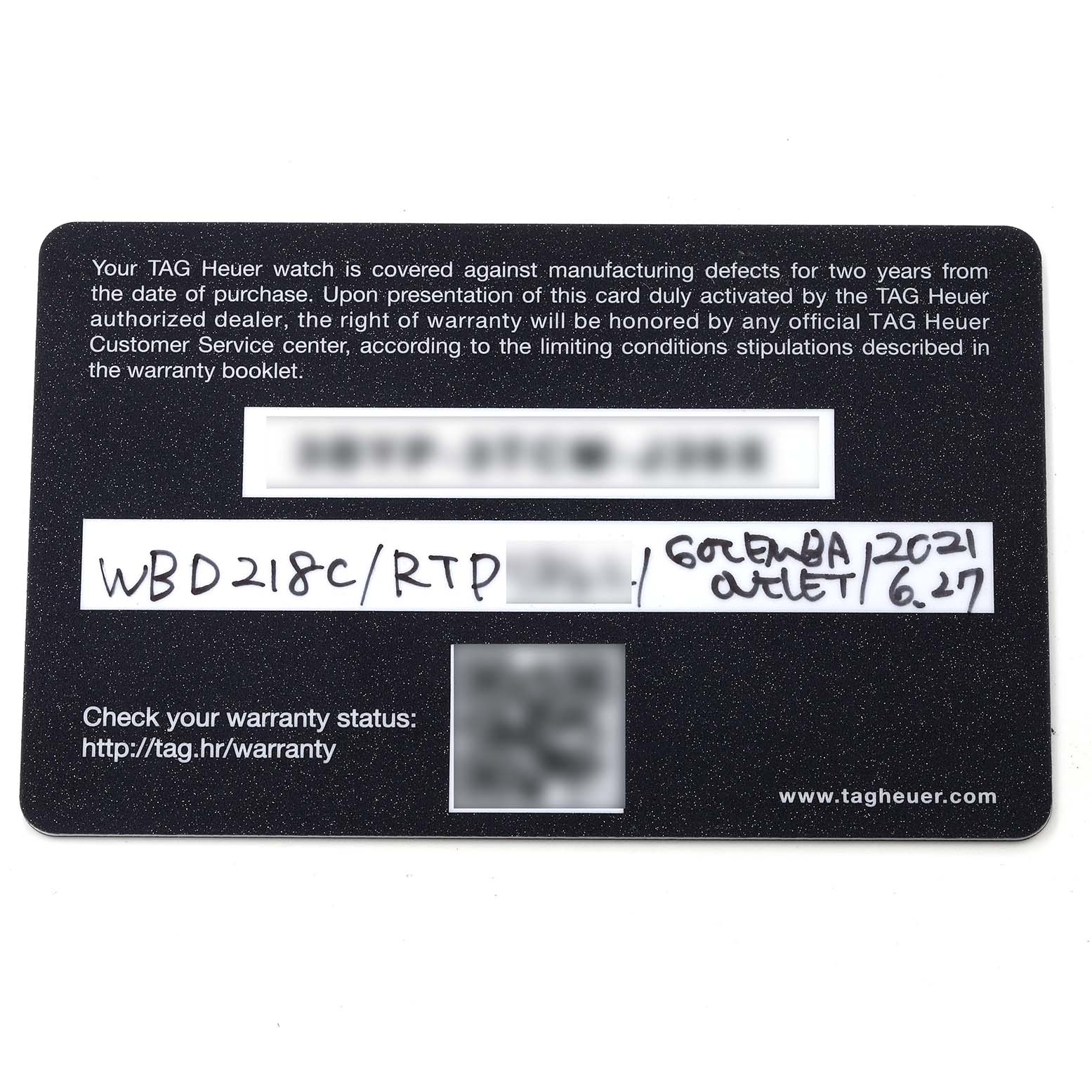 This image shows a warranty card for the TAG Heuer Aquaracer watch model WBD218C/RTP.