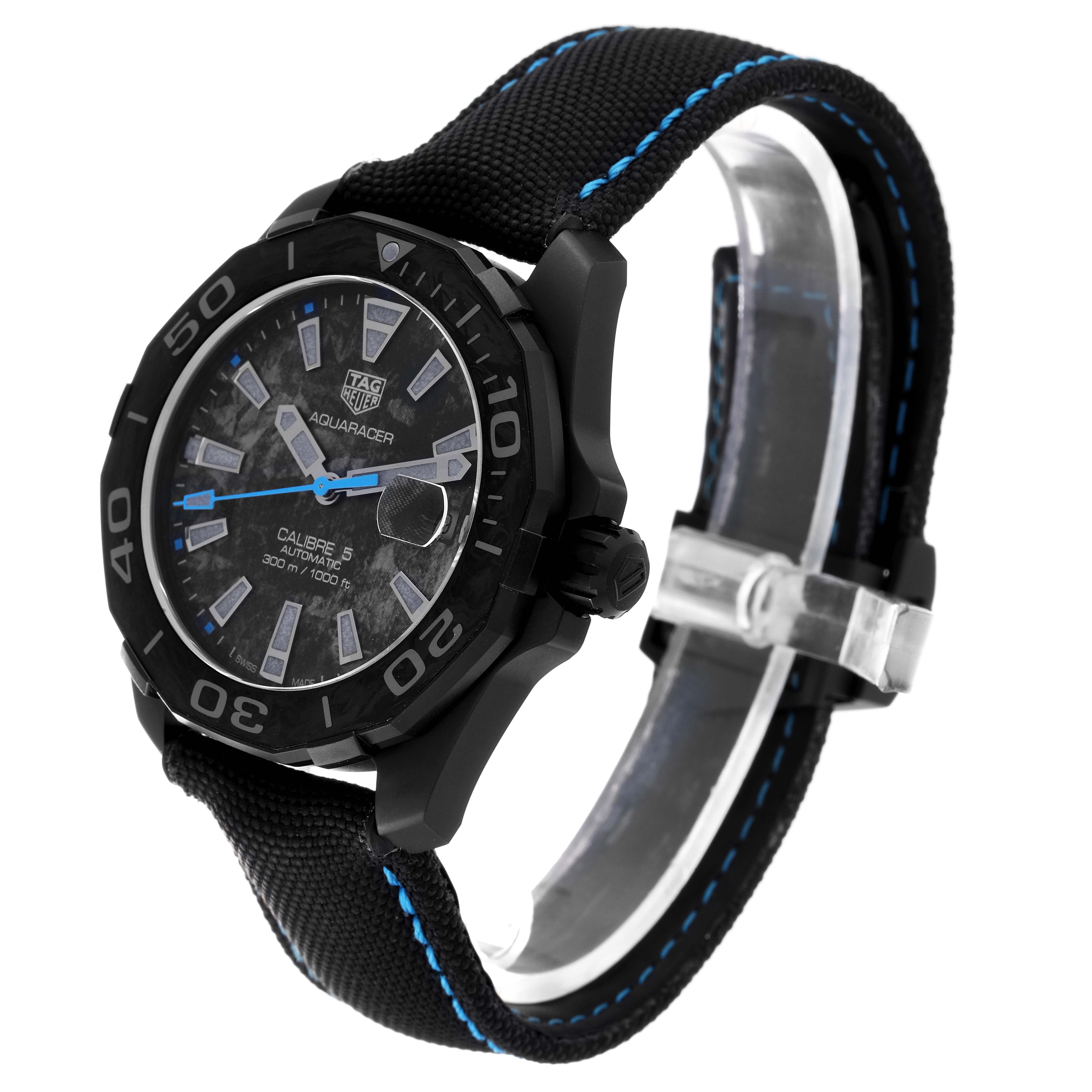 This Tag Heuer Aquaracer watch is shown at a slight angle, highlighting its face, bezel, crown, and strap.