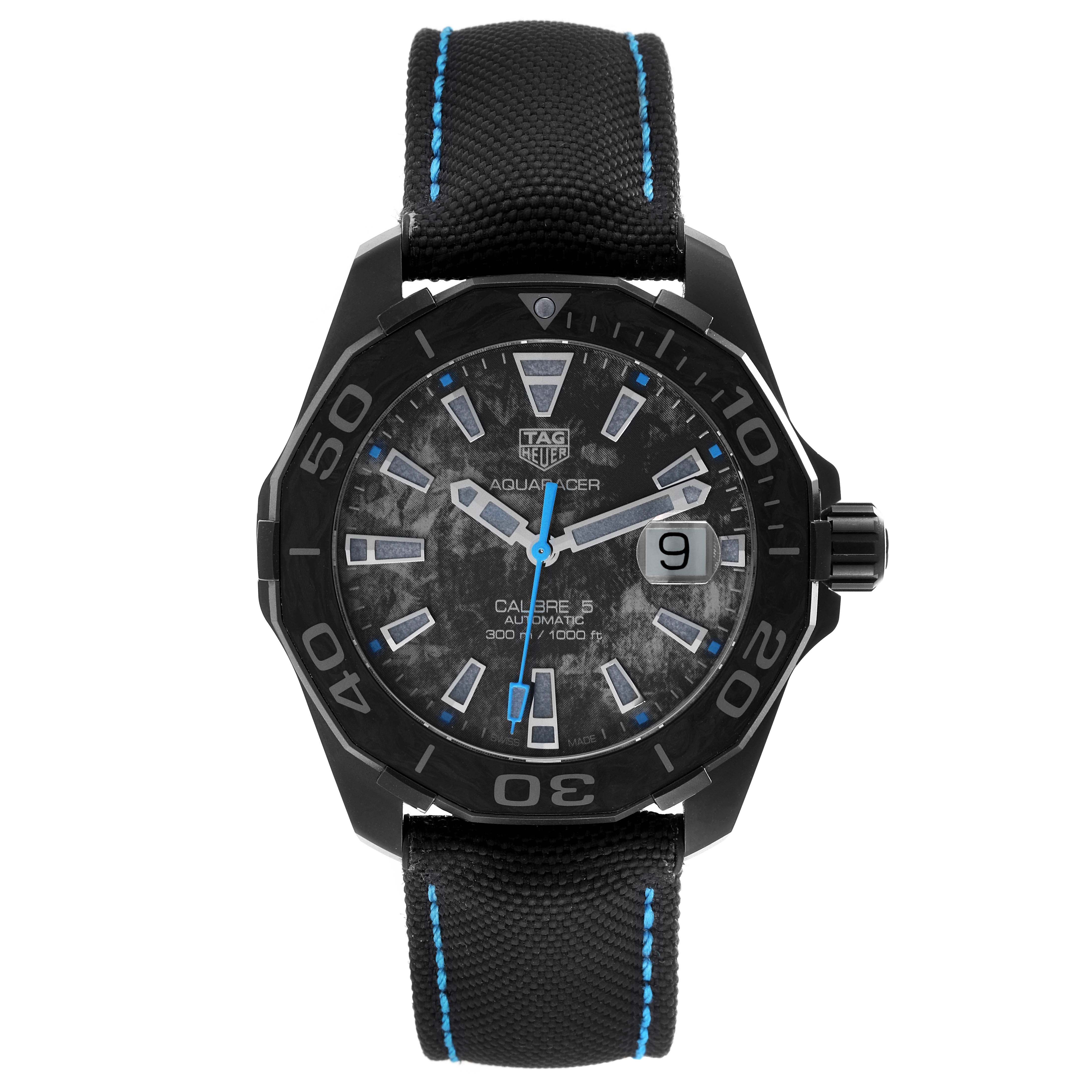 This is a front view of the TAG Heuer Aquaracer watch showing the face, bezel, and strap.