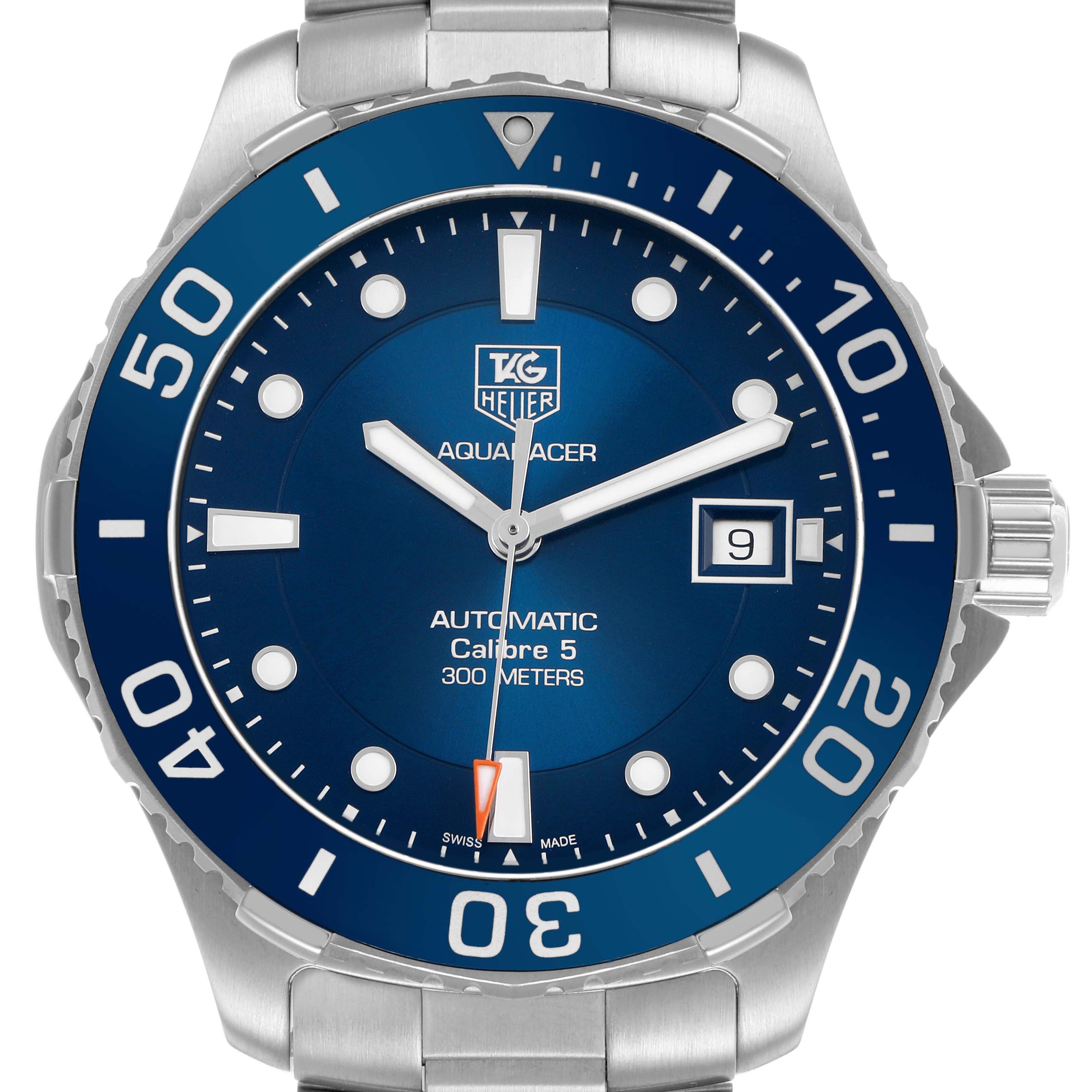 The image shows a front view of the Tag Heuer Aquaracer WAN2111 Men's Stainless Steel Blue Dial, highlighting its blue dial, bezel, and date window.