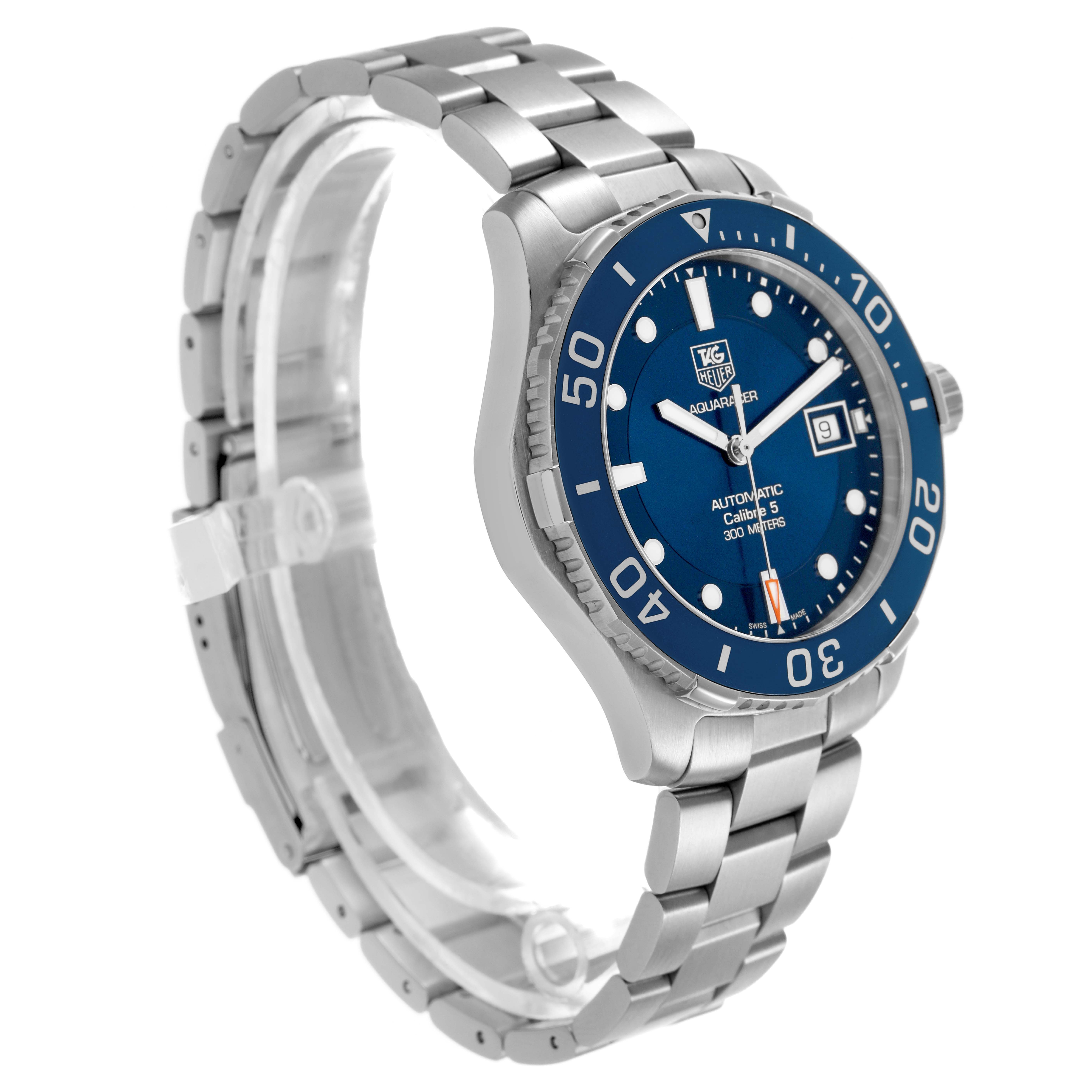 The Tag Heuer Aquaracer WAN2111 Men's Stainless Steel Blue Dial watch is shown at a three-quarter angle, displaying the blue dial, bezel, and metal bracelet.