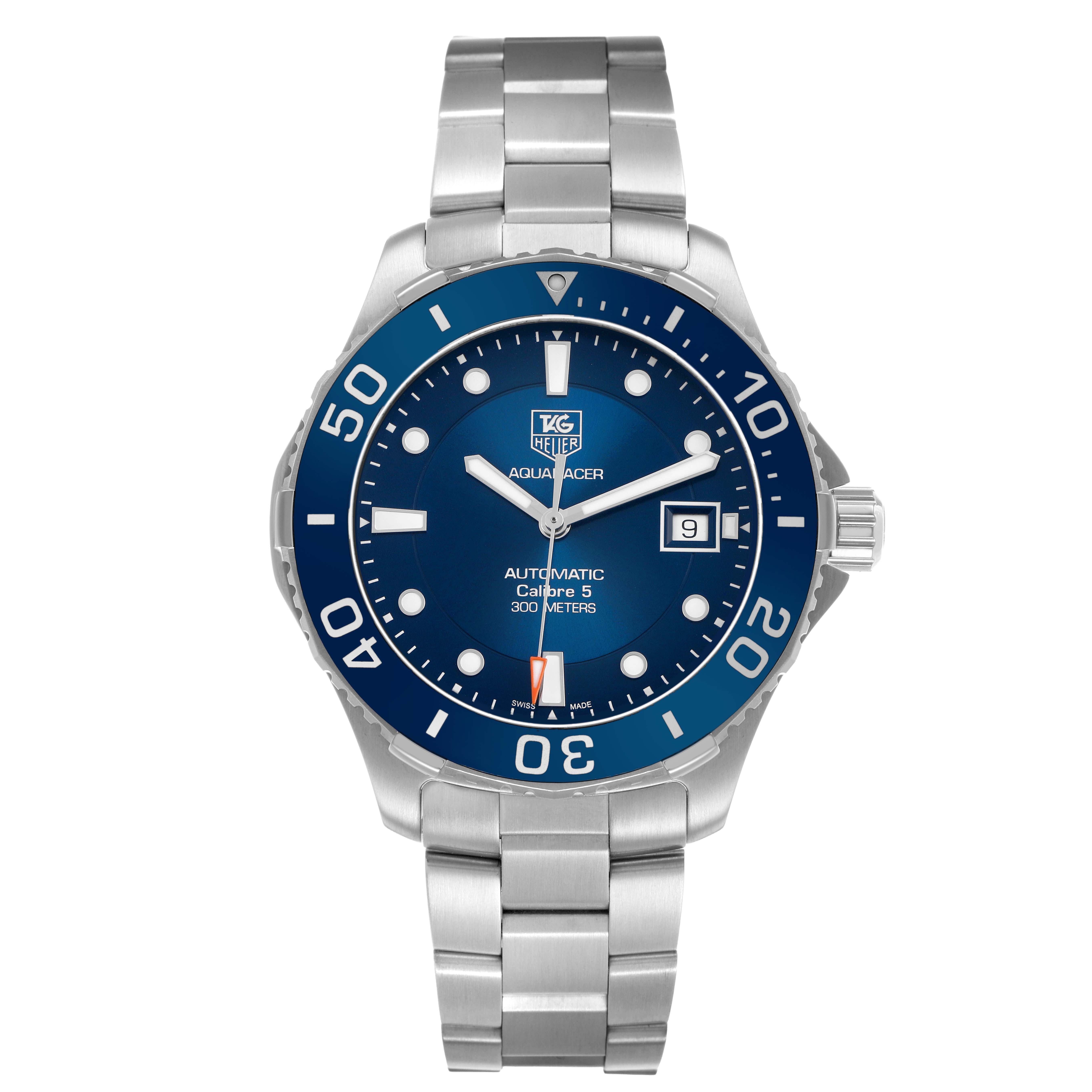 The image shows a front view of the Tag Heuer Aquaracer WAN2111 Men's Stainless Steel Blue Dial, displaying the watch face, bezel, bracelet, and crown.