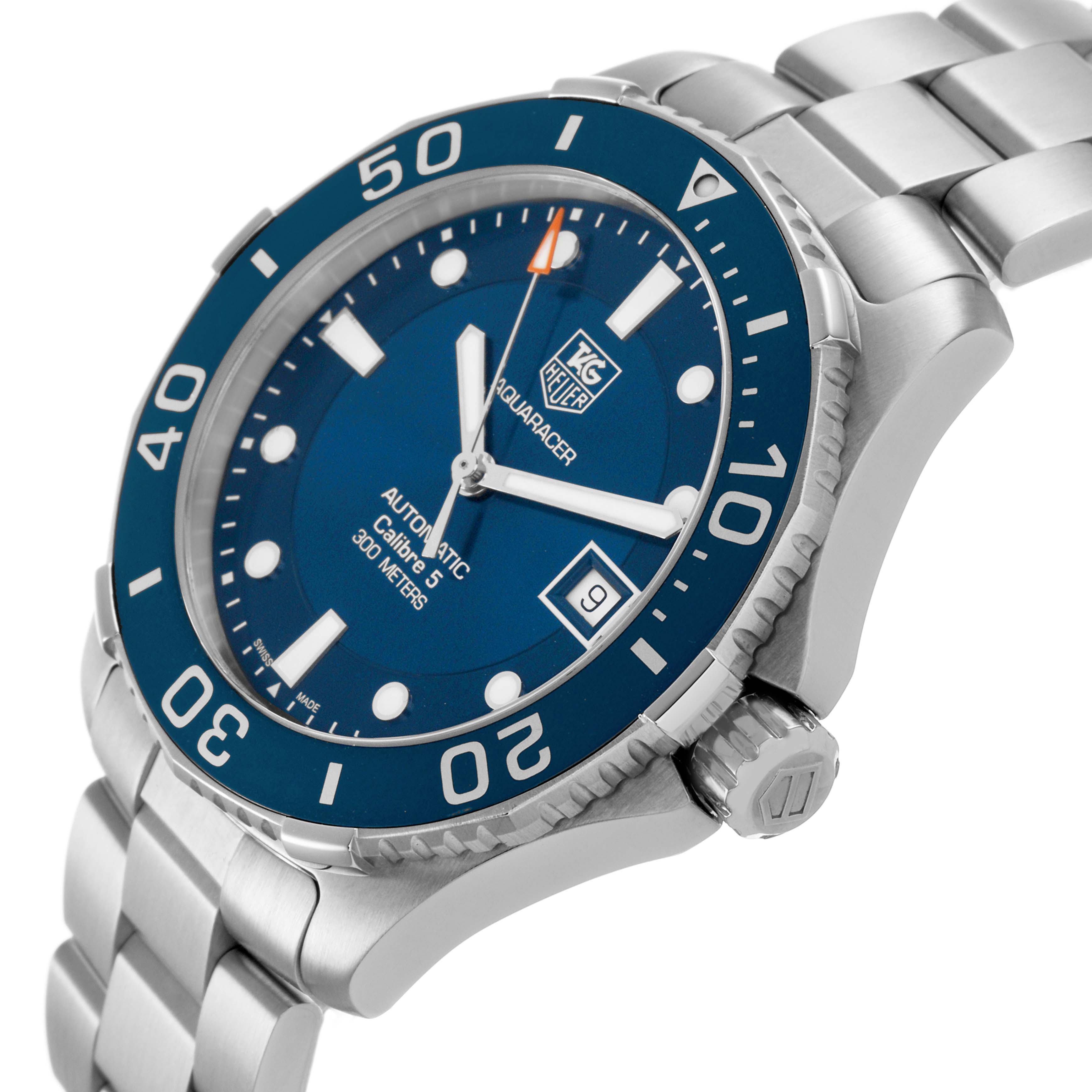 The Tag Heuer Aquaracer WAN2111 Men's Stainless Steel Blue Dial watch is shown from a three-quarter view, highlighting the dial, bezel, crown, and bracelet.