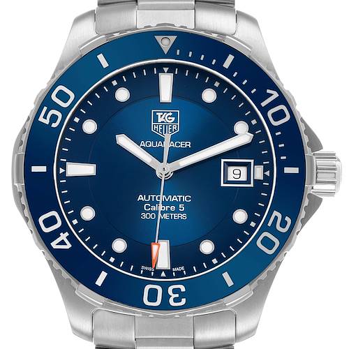 The Tag Heuer Aquaracer WAN2111 Men's Stainless Steel Blue Dial watch is shown from a front angle, displaying its blue dial, bezel, and bracelet.