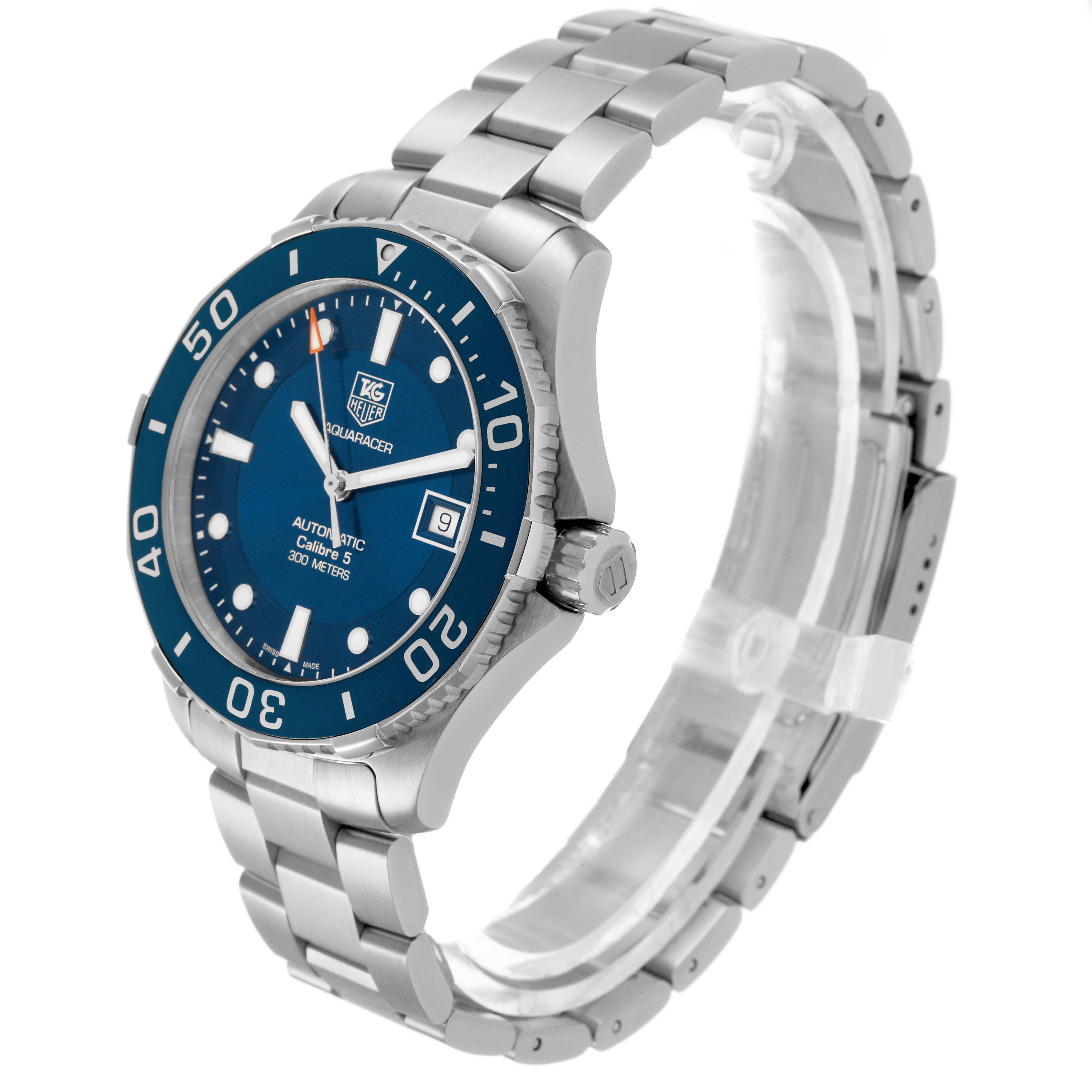 The Tag Heuer Aquaracer WAN2111 Men's Stainless Steel Blue Dial watch is shown at a slight angle, displaying the bezel, bracelet, crown, and partially the clasp.