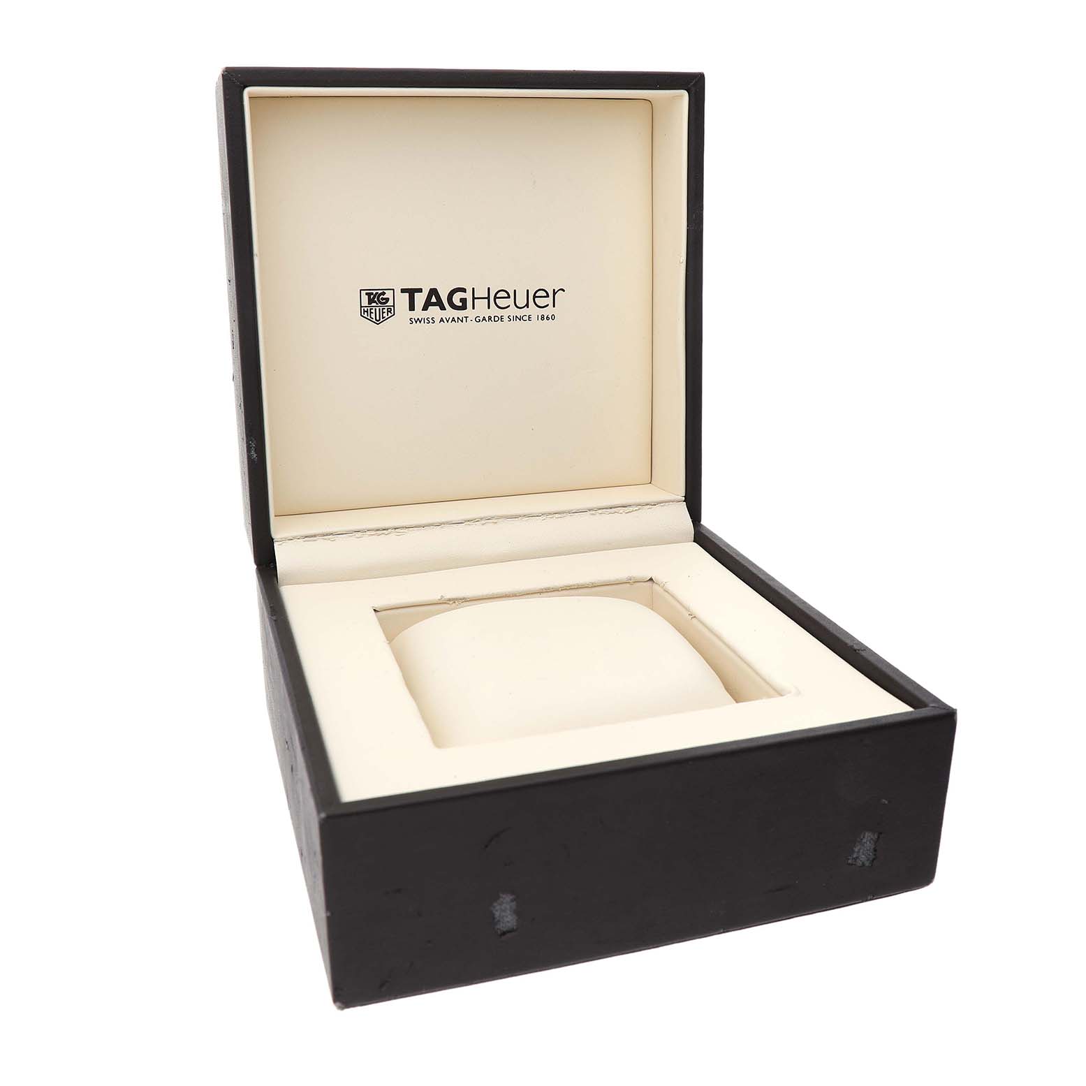 The image shows an open Tag Heuer Aquaracer WAN2111 Men's Stainless Steel Blue Dial watch box, facing slightly upward, with the cushion visible inside.