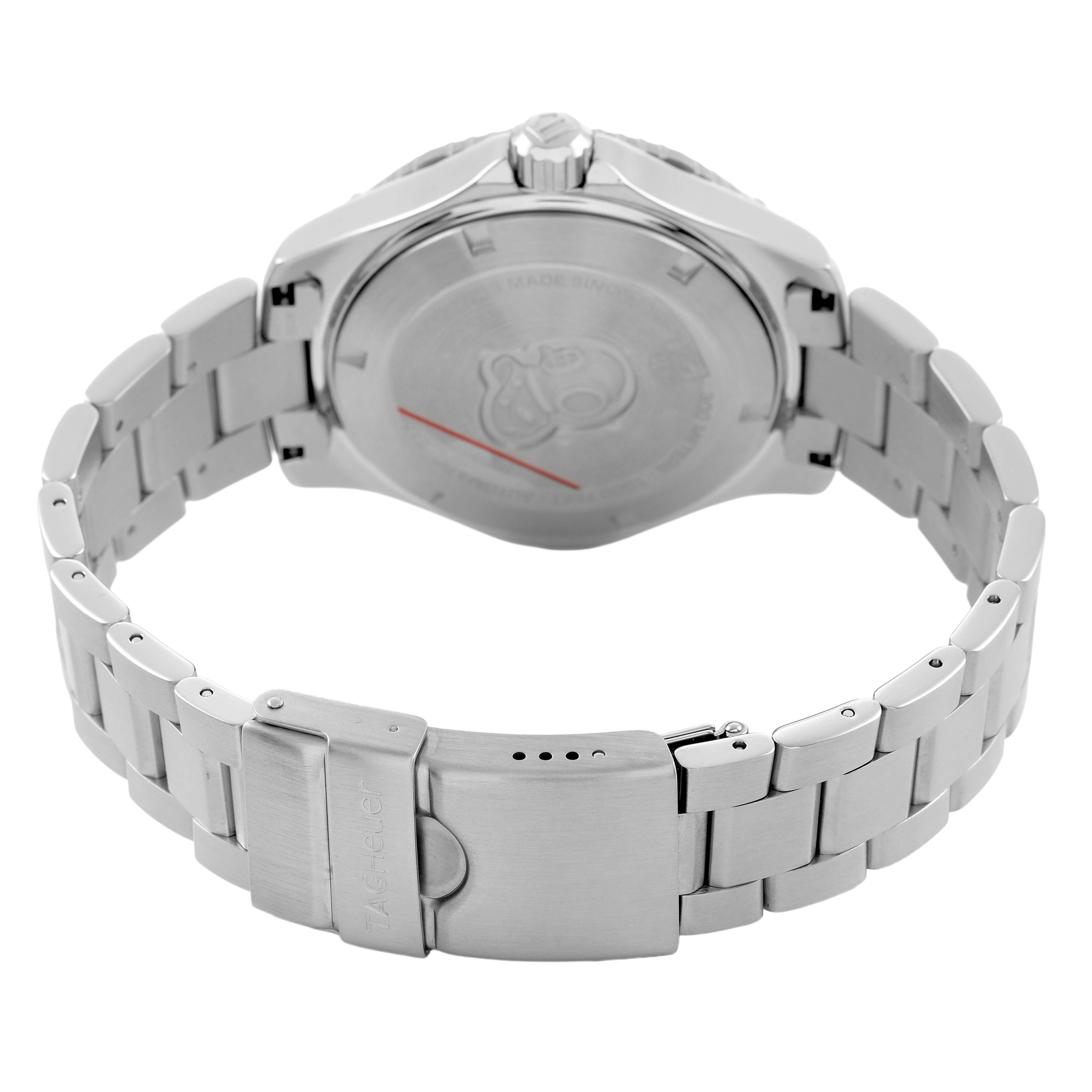 The image shows the back and bracelet of the Tag Heuer Aquaracer WAN2111 Men's Stainless Steel Blue Dial, highlighting the clasp and case back.