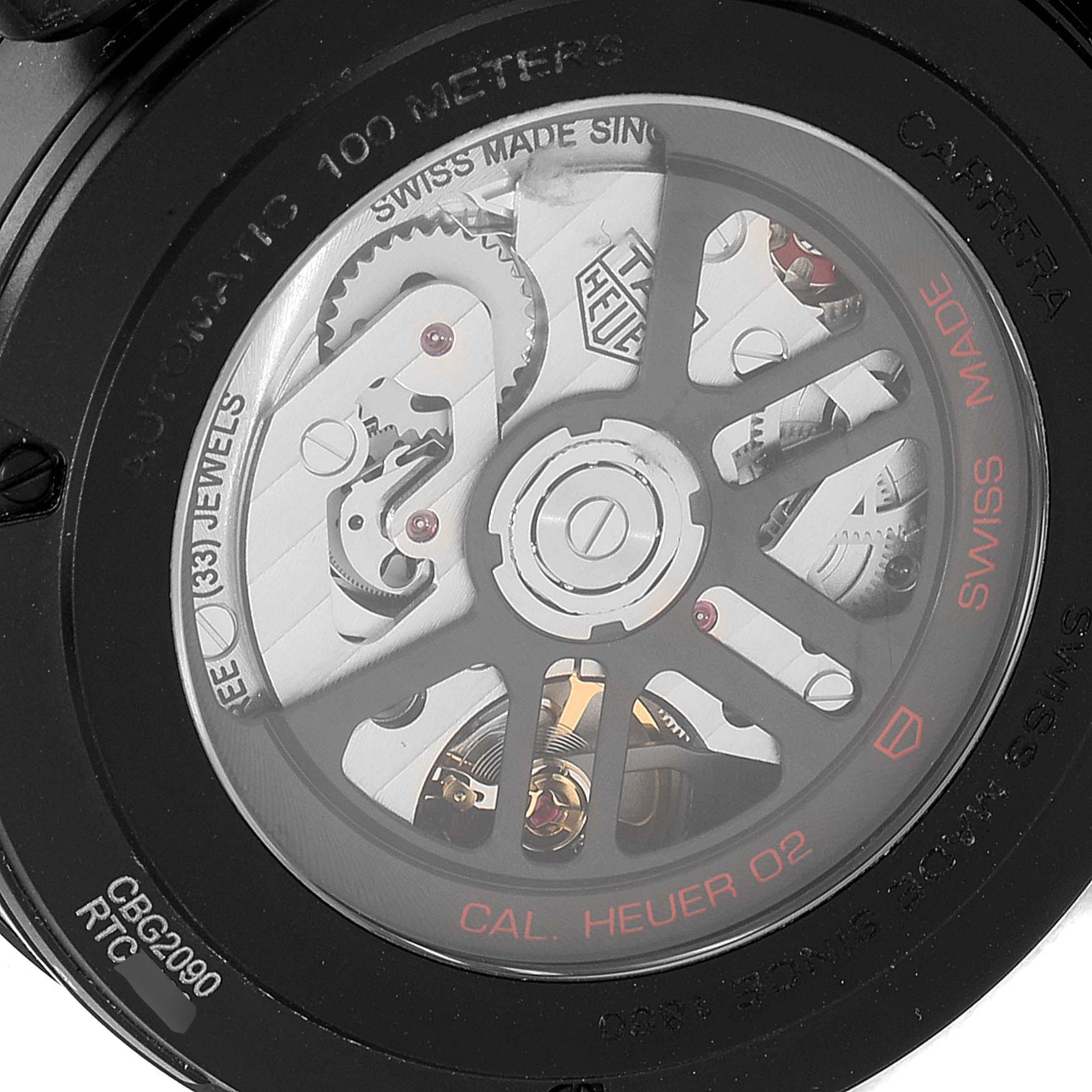 The image shows the back case of a Tag Heuer Carrera CBG2090.BH0661 Men's Titanium Black Dial CBG2090.BH0661 Men's Titanium Black Dial watch, displaying the movement and rotor.