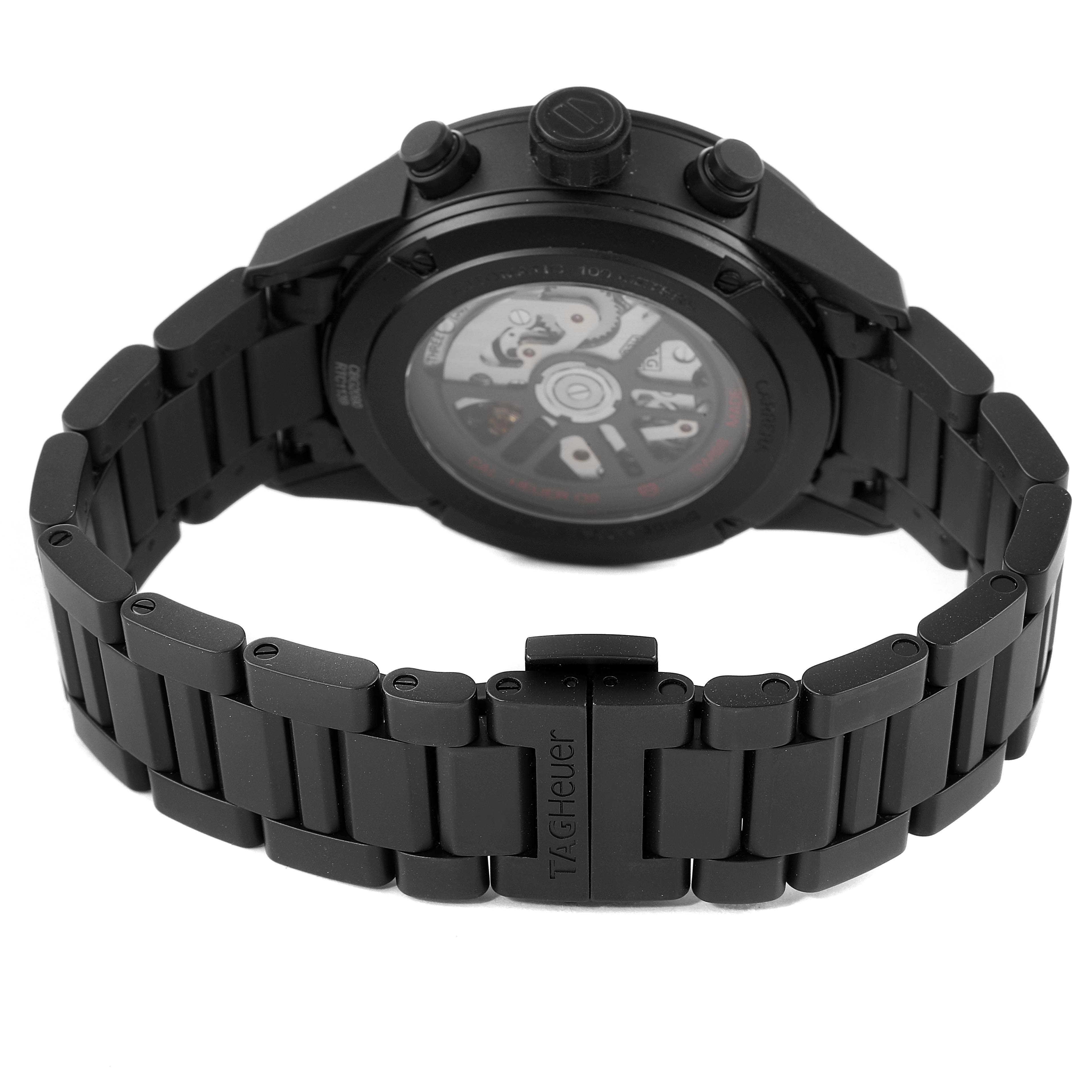 The image shows the back and bracelet of a Tag Heuer Carrera CBG2090.BH0661 Men's Titanium Black Dial CBG2090.BH0661 Men's Titanium Black Dial watch, highlighting the clasp and the transparent case back.