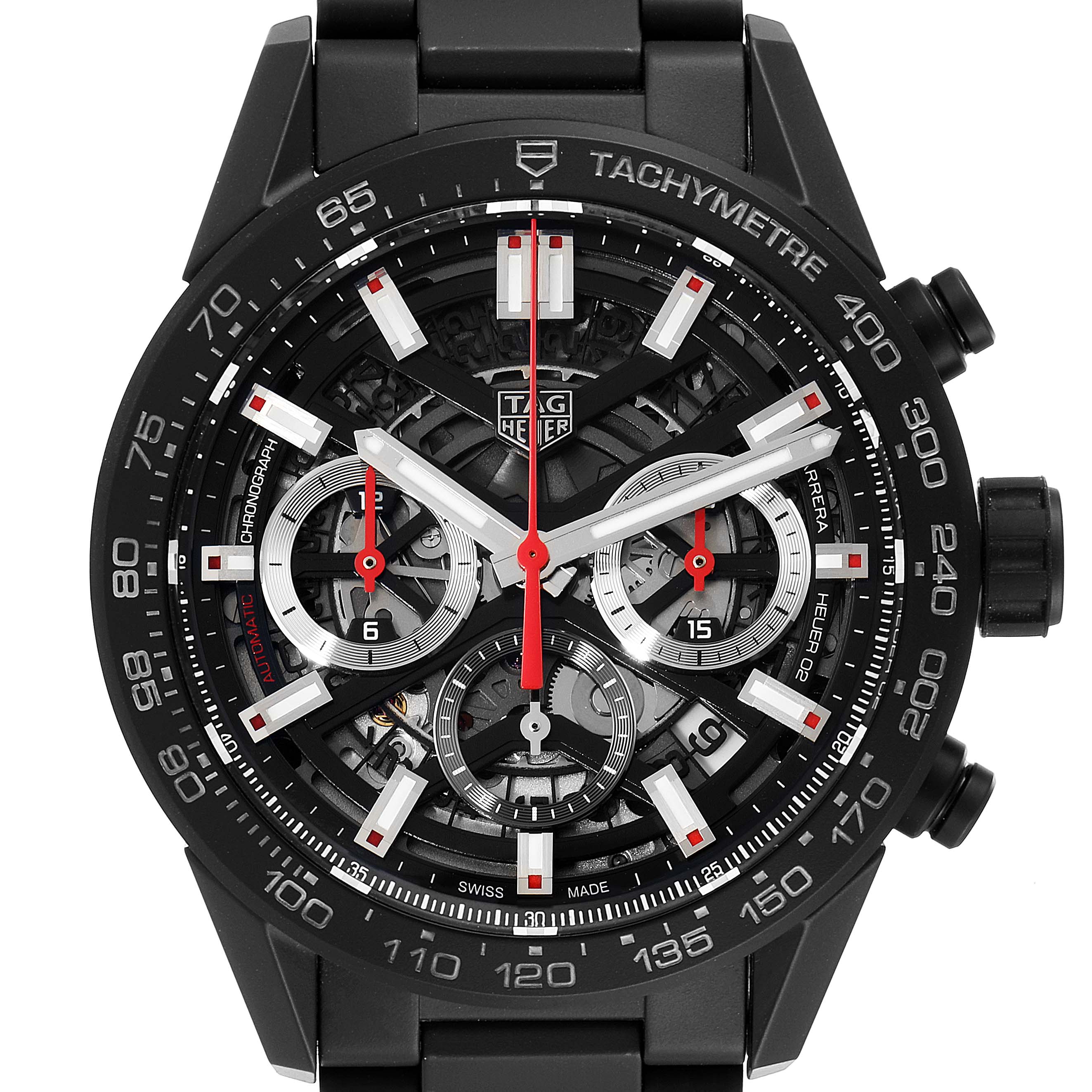 This Tag Heuer Carrera CBG2090.BH0661 Men's Titanium Black Dial CBG2090.BH0661 Men's Titanium Black Dial watch is shown from a front view, highlighting its face, tachymeter, and chronograph sub-dials.