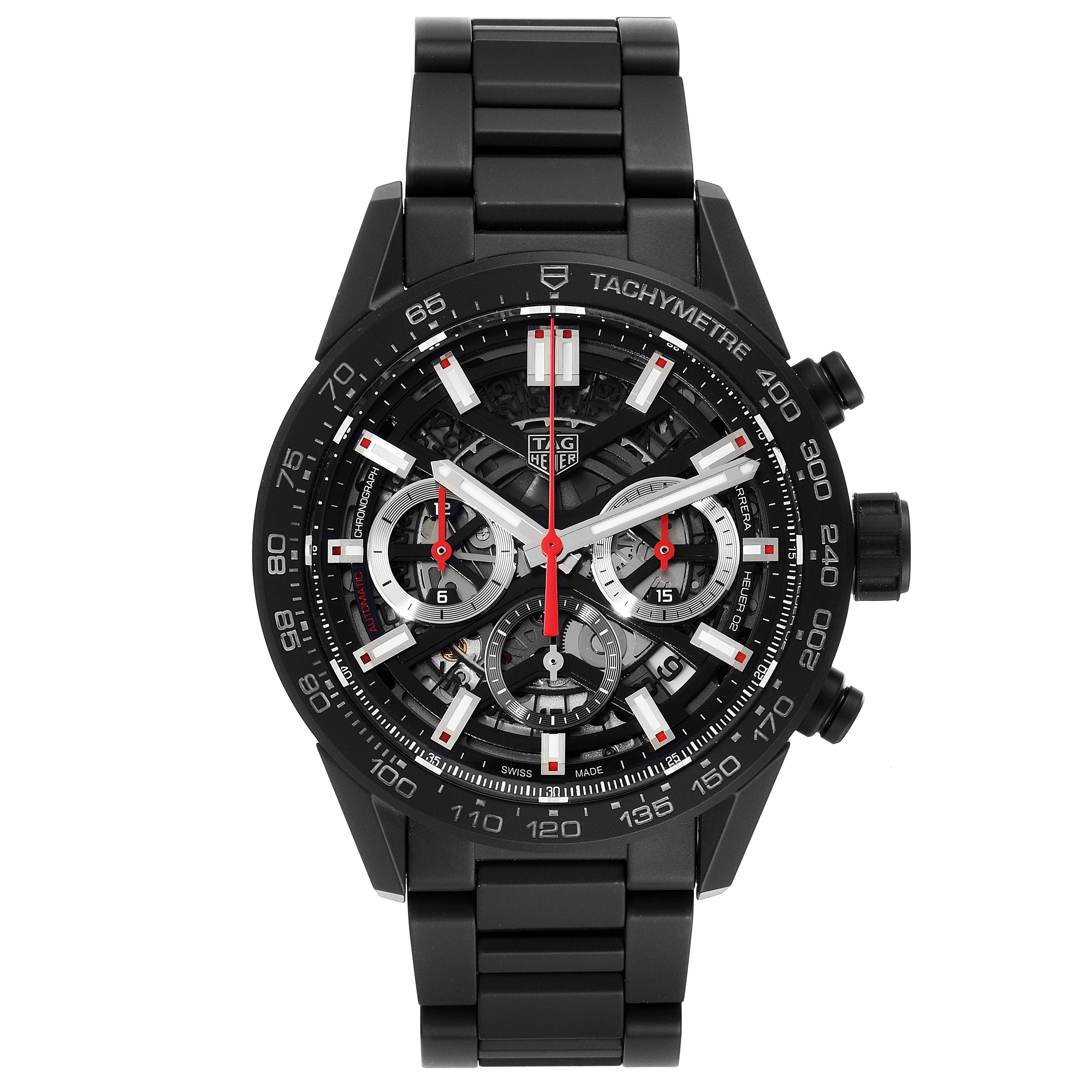 The image shows a frontal view of the Tag Heuer Carrera CBG2090.BH0661 Men's Titanium Black Dial CBG2090.BH0661 Men's Titanium Black Dial watch, highlighting its face, dial, and strap.
