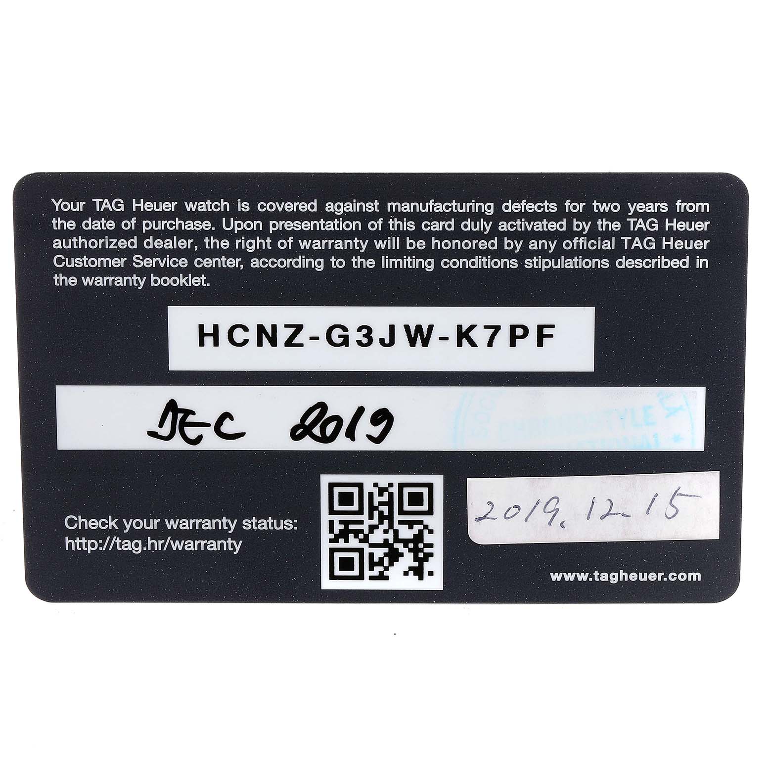 This is the warranty card for a Tag Heuer Carrera CBG2090.BH0661 Men's Titanium Black Dial CBG2090.BH0661 Men's Titanium Black Dial watch, showing the serial number, purchase date, and QR code for warranty status.