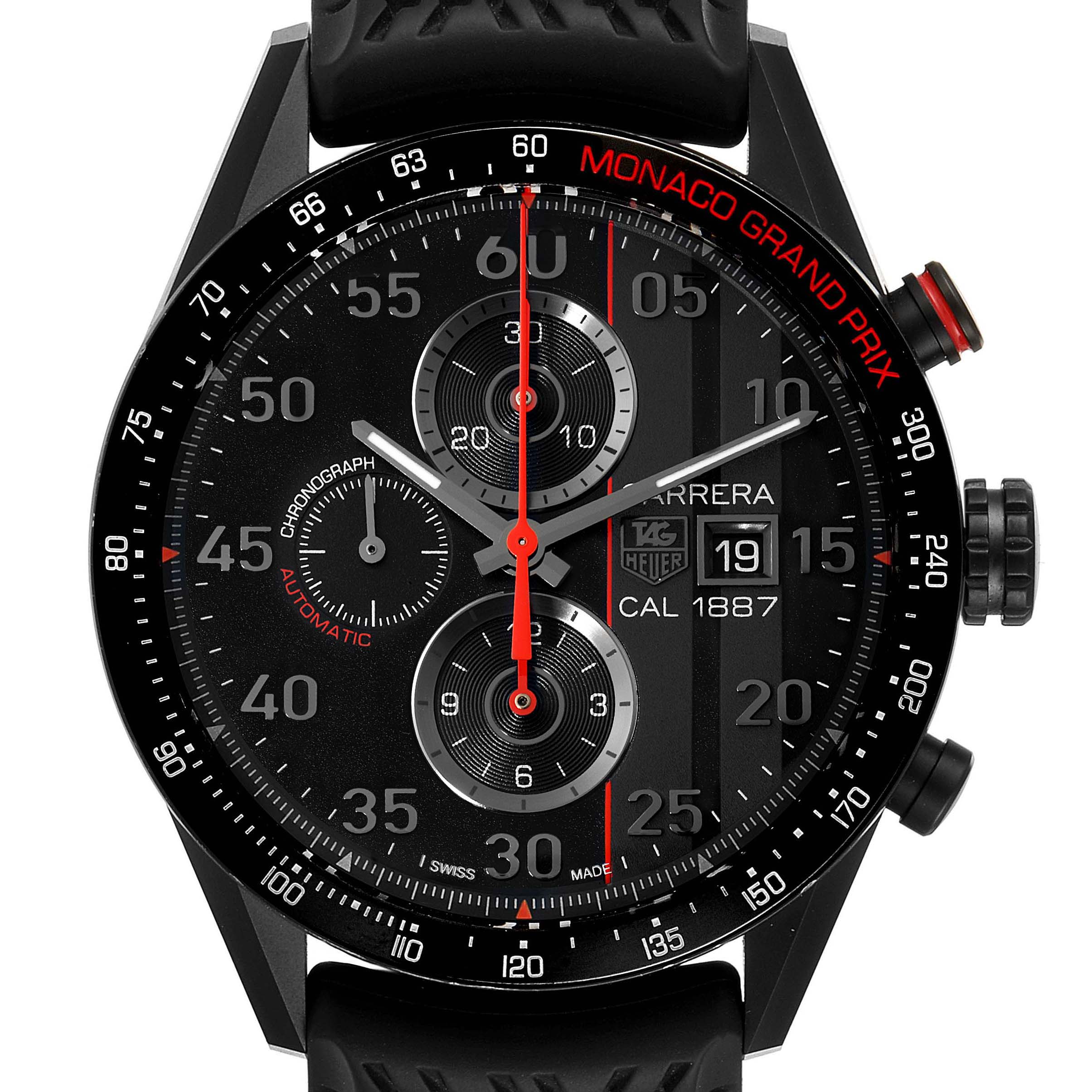 The image shows a front view of a Tag Heuer Monaco CAR2A83.FT6033 Men's Titanium Black Dial CAR2A83.FT6033 Men's Titanium Black Dial watch, highlighting its face, chronograph subdials, and date window.