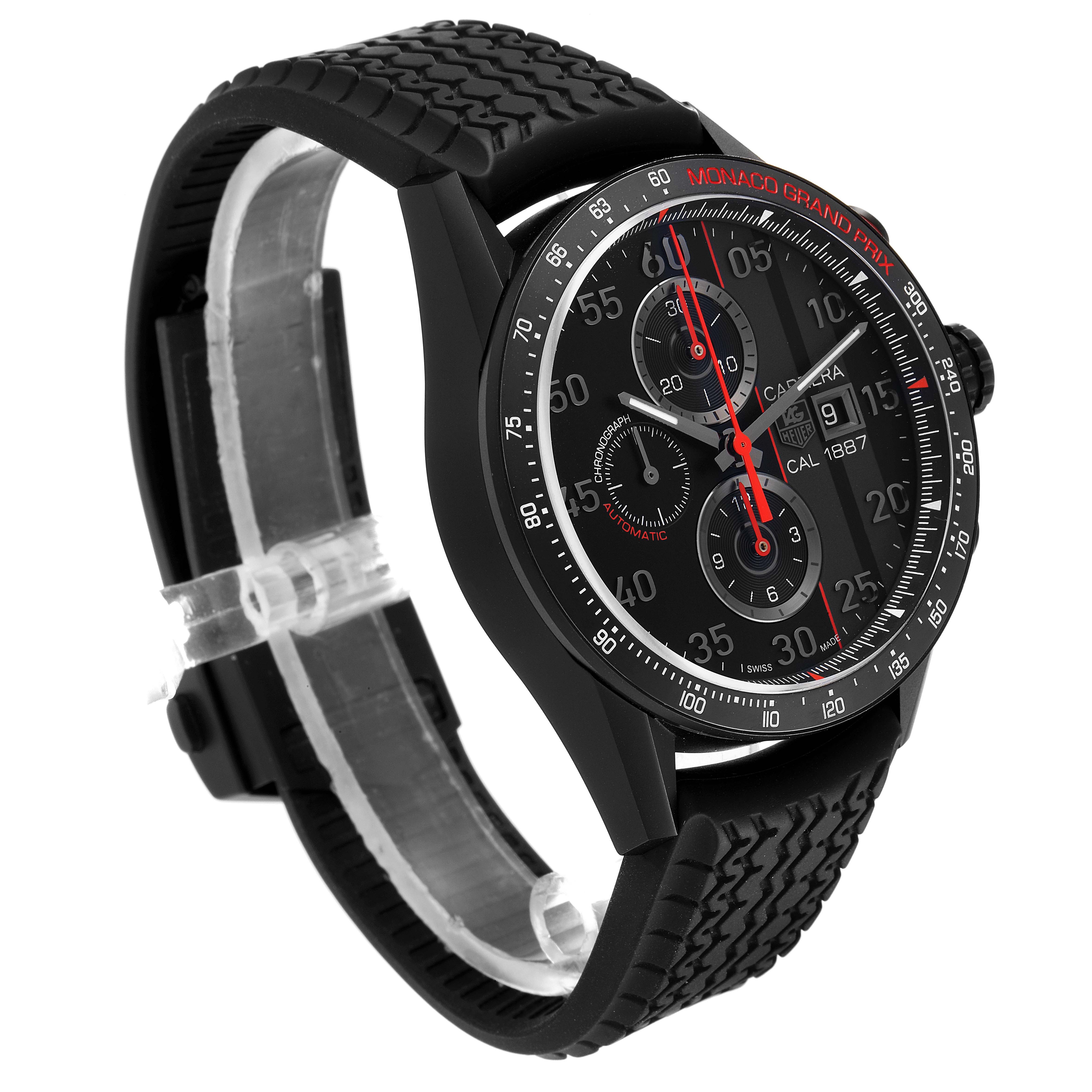 This image shows a side angle view of the Tag Heuer Monaco CAR2A83.FT6033 Men's Titanium Black Dial CAR2A83.FT6033 Men's Titanium Black Dial model watch, showcasing the dial, bezel, and strap.