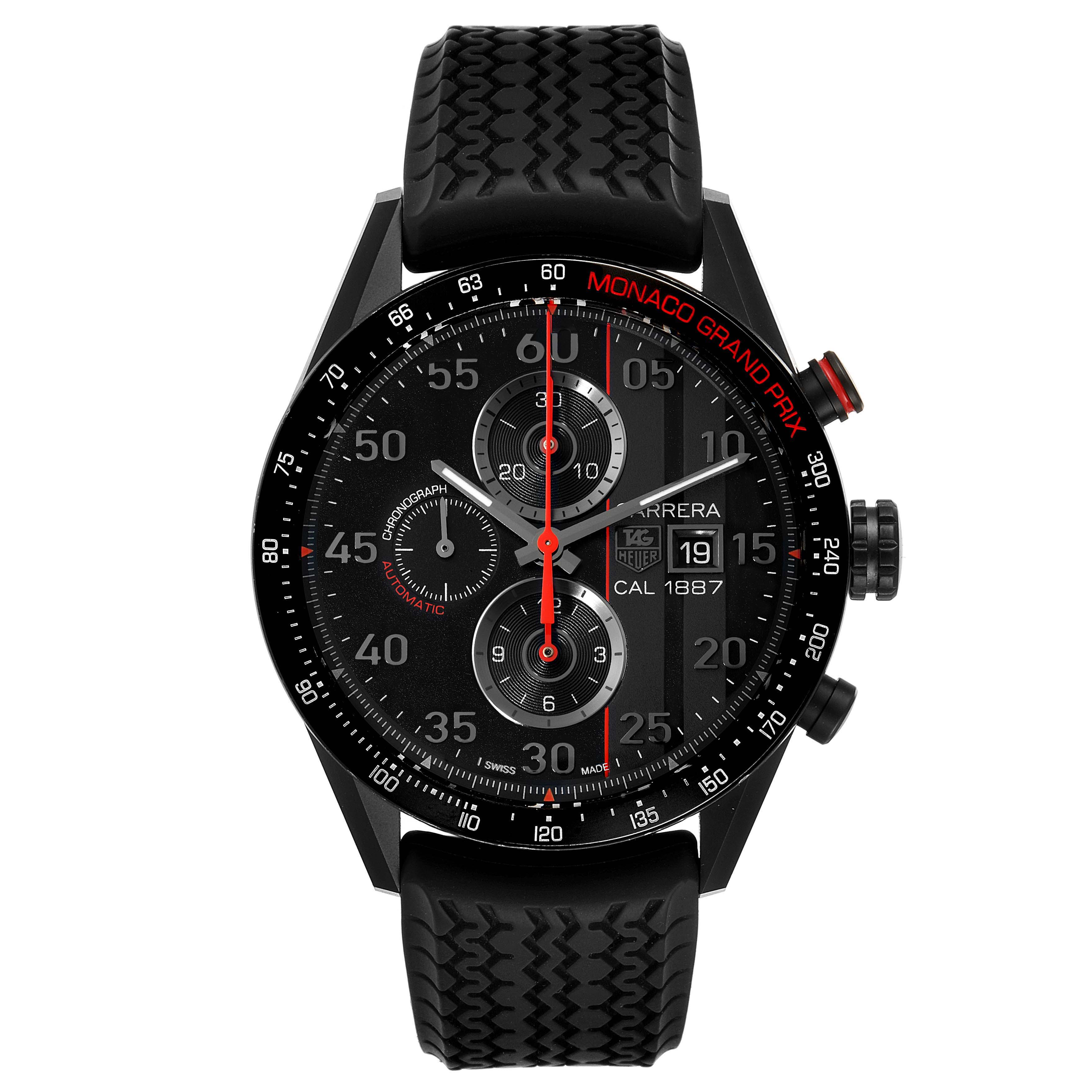 The image shows a front view of the Tag Heuer Monaco CAR2A83.FT6033 Men's Titanium Black Dial CAR2A83.FT6033 Men's Titanium Black Dial watch, highlighting the dial, bezel, subdials, and strap.