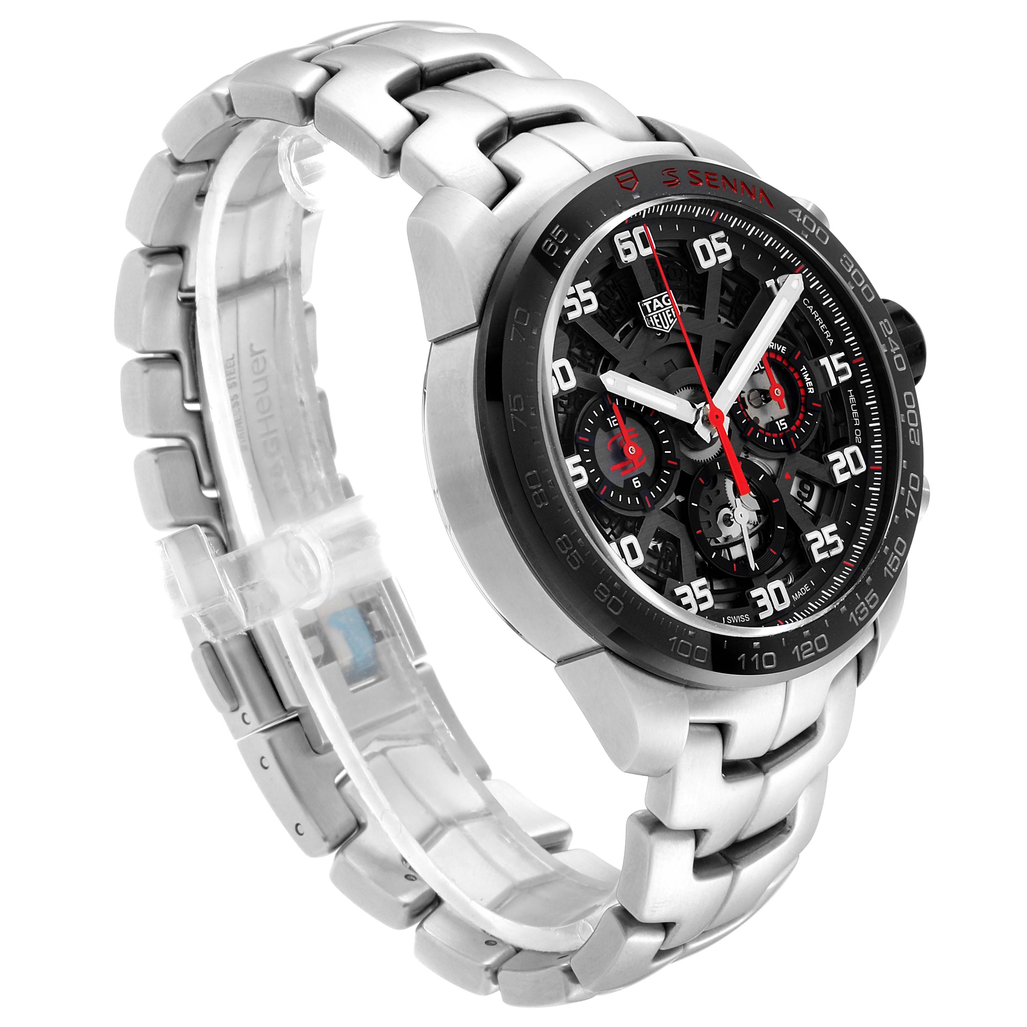 The Tag Heuer Carrera CBG2013.BA0657 Men's Stainless Steel Transparent Dial CBG2013.BA0657 Men's Stainless Steel Transparent Dial watch is shown at an angled view highlighting its face and stainless steel bracelet.