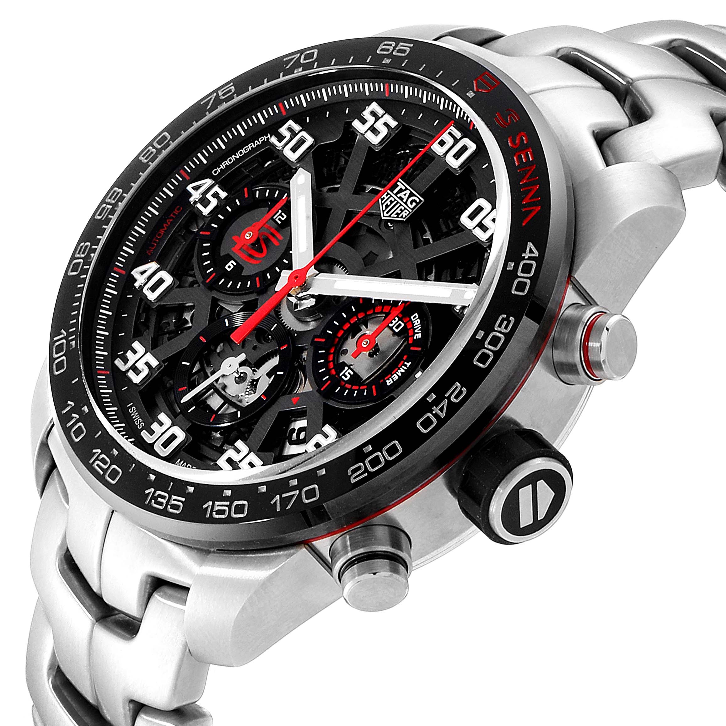 The Tag Heuer Carrera CBG2013.BA0657 Men's Stainless Steel Transparent Dial CBG2013.BA0657 Men's Stainless Steel Transparent Dial watch is shown at a right-front angle, highlighting its dial, bezel, pushers, and bracelet.