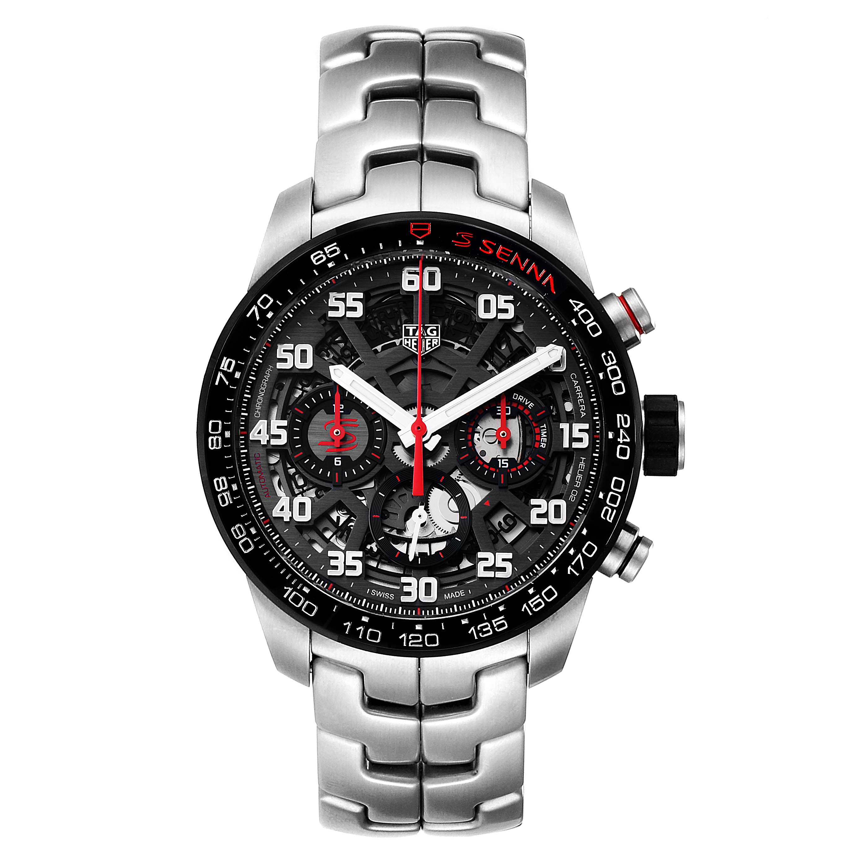 This image shows a front view of a Tag Heuer Carrera CBG2013.BA0657 Men's Stainless Steel Transparent Dial CBG2013.BA0657 Men's Stainless Steel Transparent Dial model watch, displaying its dial, bezel, and bracelet.