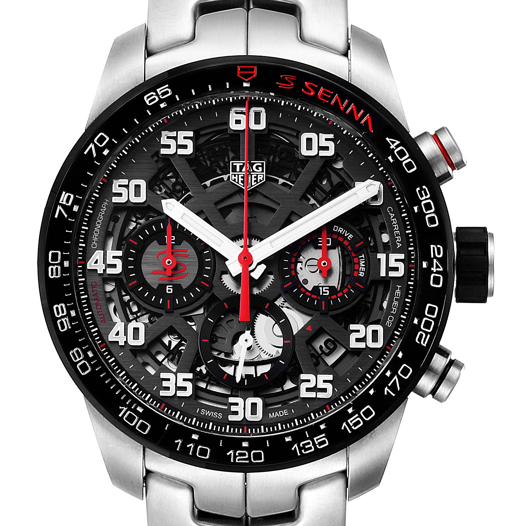 The image shows a close-up front view of the Tag Heuer Carrera CBG2013.BA0657 Men's Stainless Steel Transparent Dial CBG2013.BA0657 Men's Stainless Steel Transparent Dial watch, detailing its dial and chronograph features.