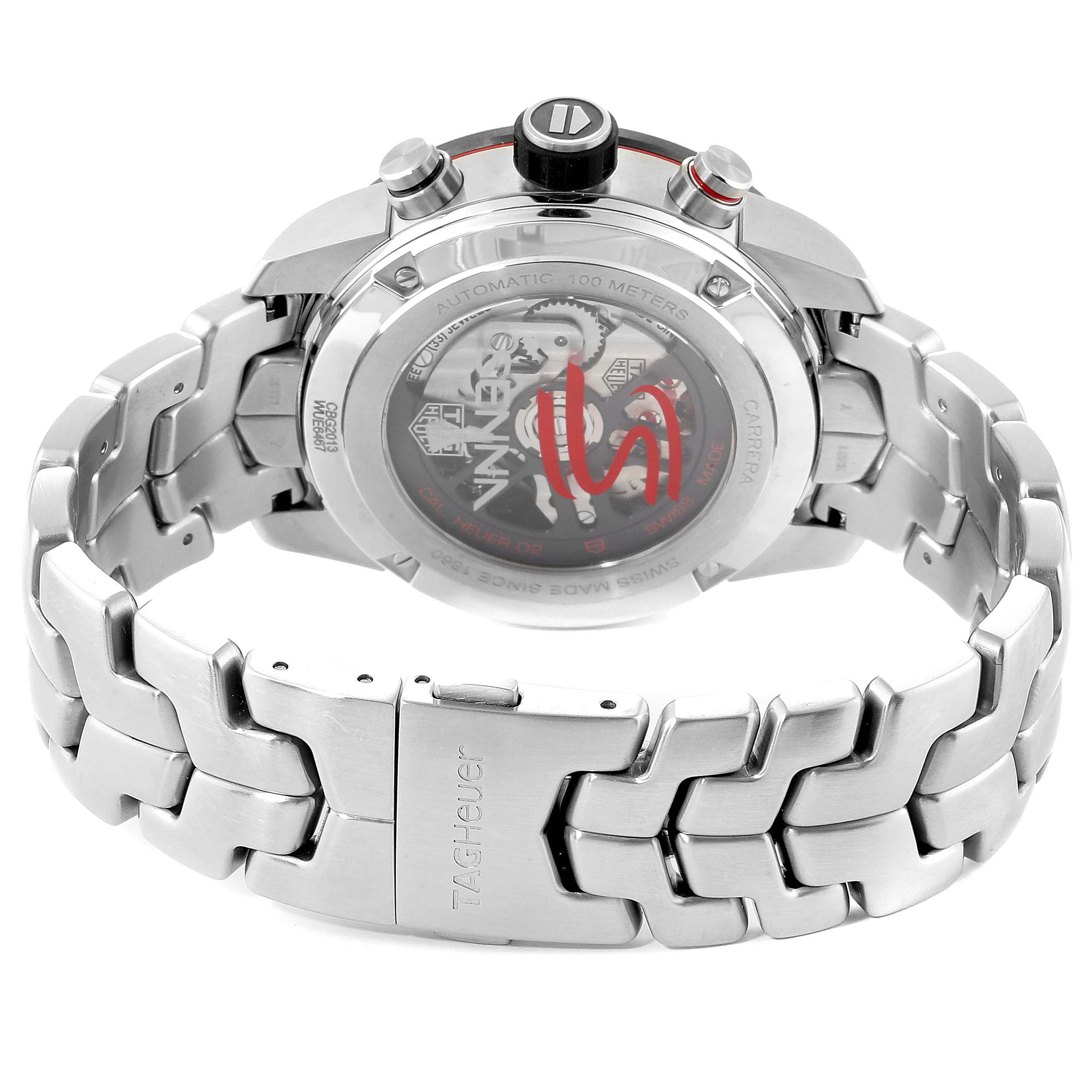 This image shows the rear view of the Tag Heuer Carrera CBG2013.BA0657 Men's Stainless Steel Transparent Dial CBG2013.BA0657 Men's Stainless Steel Transparent Dial watch, highlighting its case back and stainless steel bracelet.