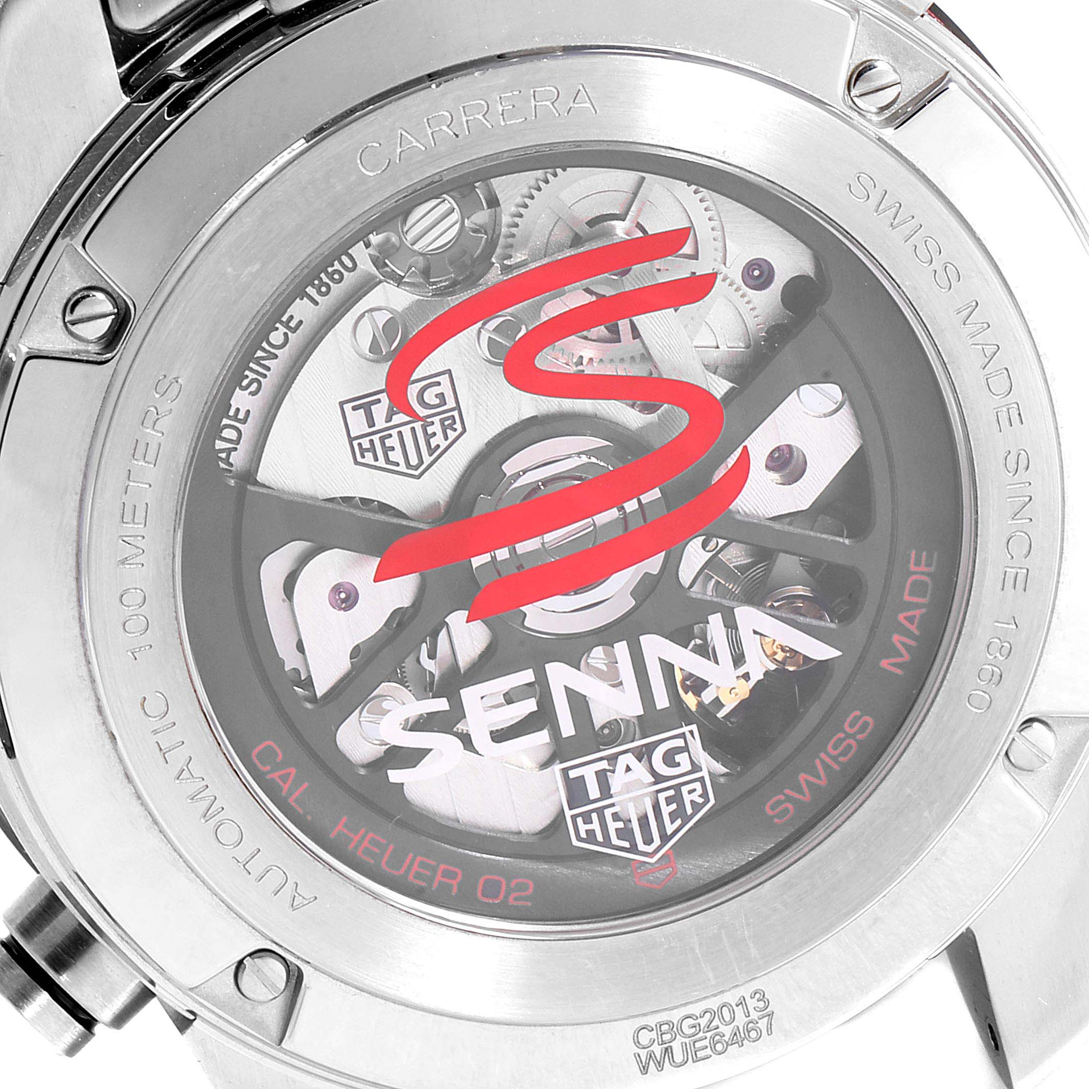 The image shows the back view of a Tag Heuer Carrera CBG2013.BA0657 Men's Stainless Steel Transparent Dial CBG2013.BA0657 Men's Stainless Steel Transparent Dial watch, displaying its mechanical movement and branding.