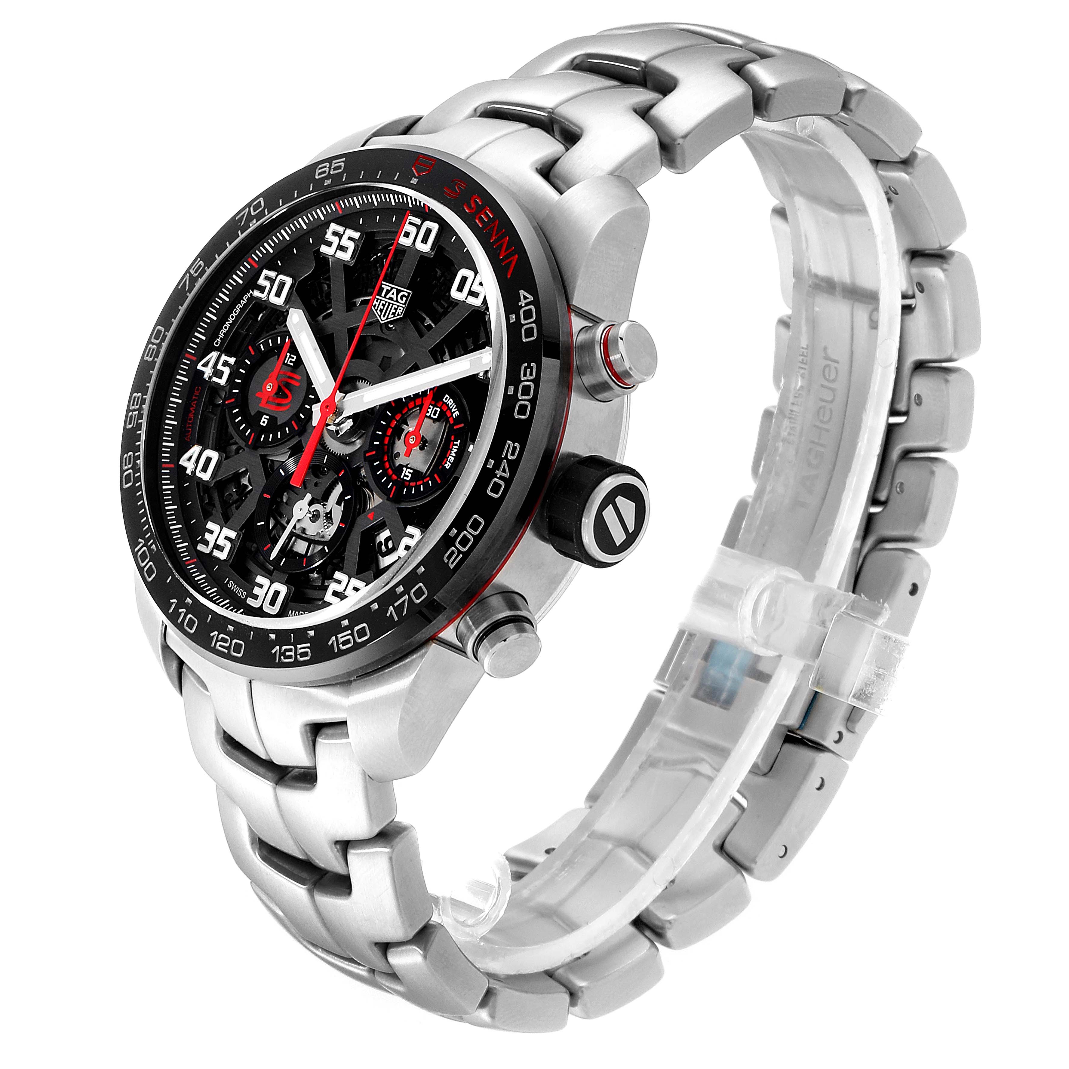 The image shows a side and front angle of a Tag Heuer Carrera CBG2013.BA0657 Men's Stainless Steel Transparent Dial CBG2013.BA0657 Men's Stainless Steel Transparent Dial watch, highlighting its dial, bezel, and metallic bracelet.