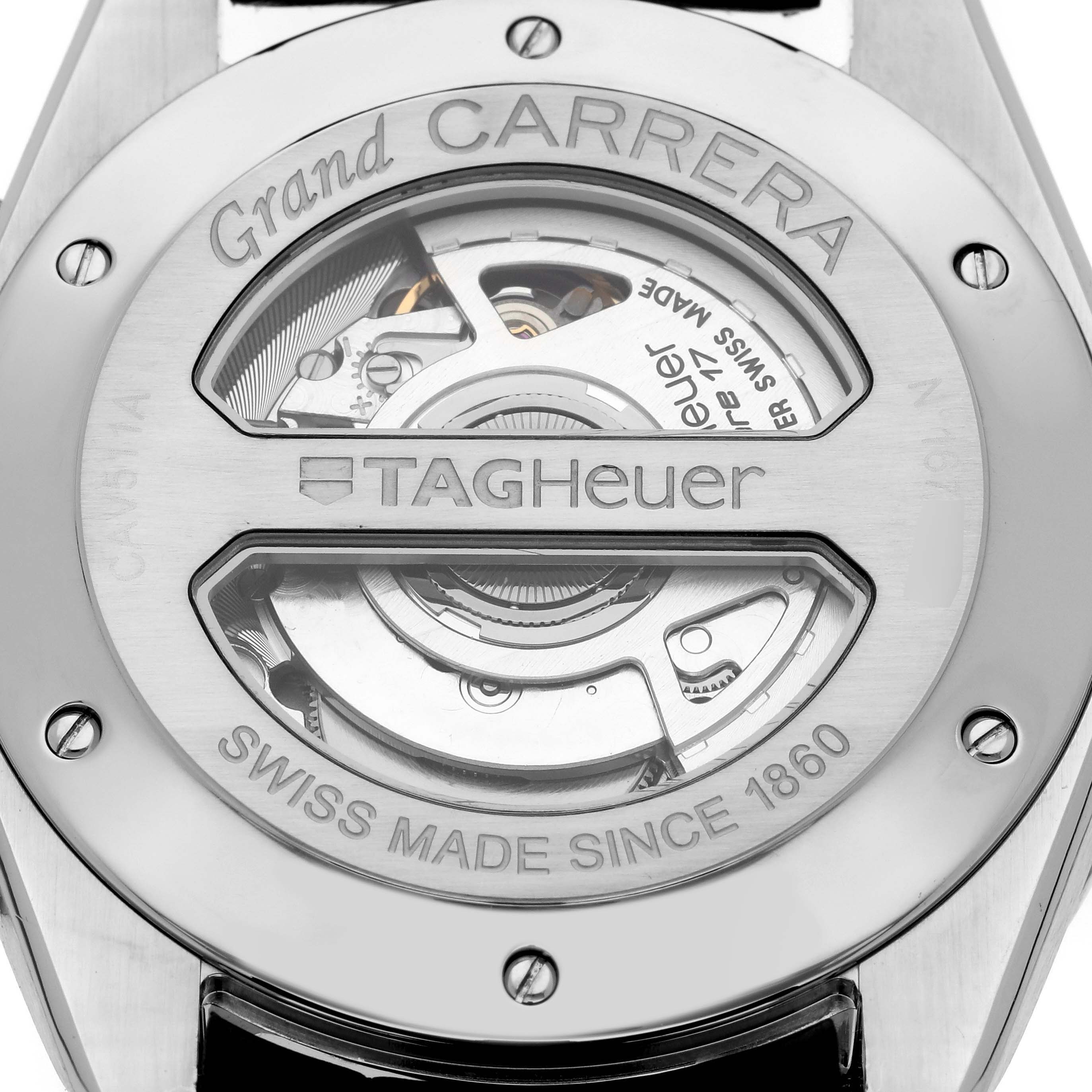 This image shows the back case of a Tag Heuer Carrera CAV511A.FC6225 Men's Stainless Steel Black Dial CAV511A.FC6225 Men's Stainless Steel Black Dial watch, displaying its internal mechanism and branding.
