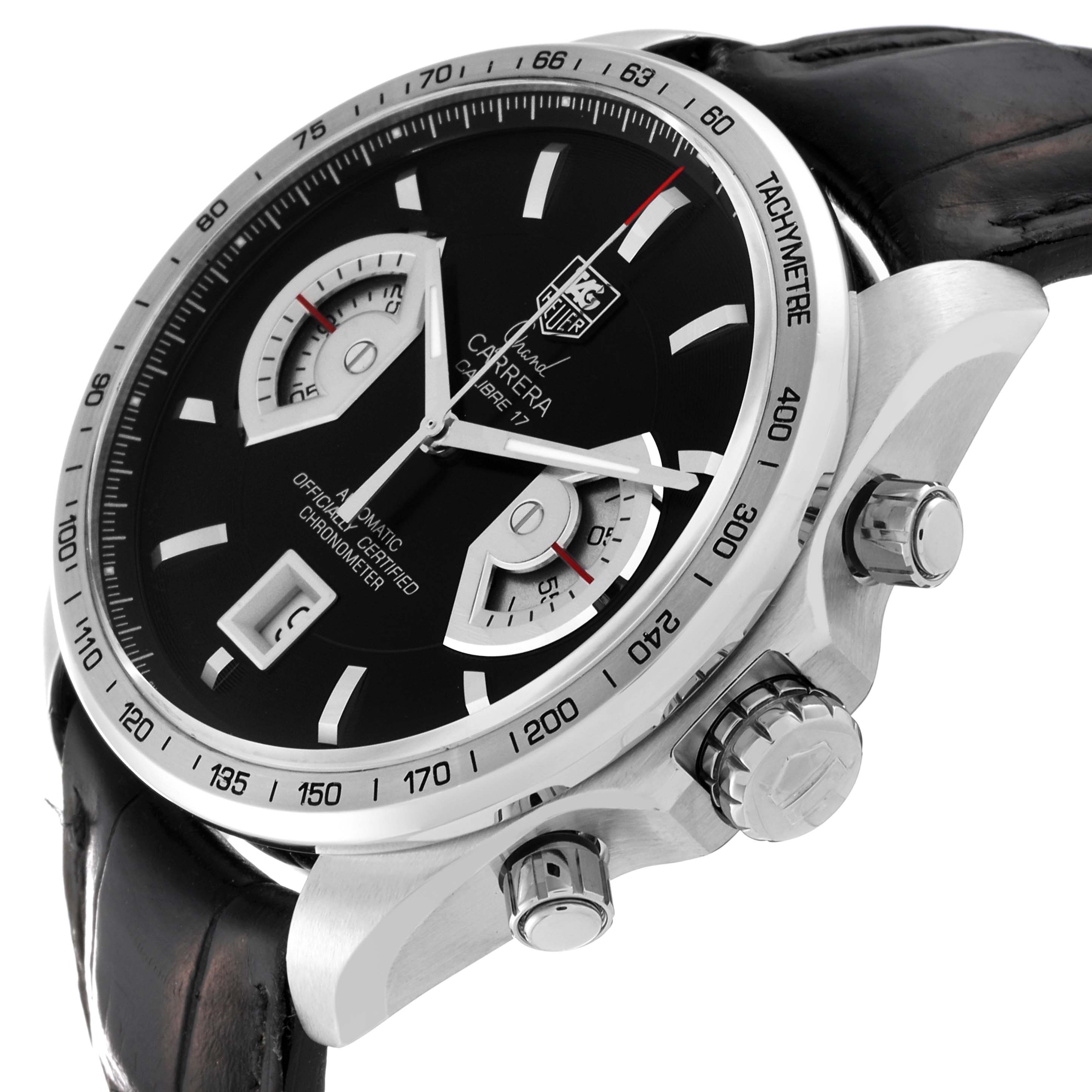The Tag Heuer Carrera CAV511A.FC6225 Men's Stainless Steel Black Dial CAV511A.FC6225 Men's Stainless Steel Black Dial watch is shown at an angle highlighting the dial, tachymeter bezel, crown, pushers, and leather strap.