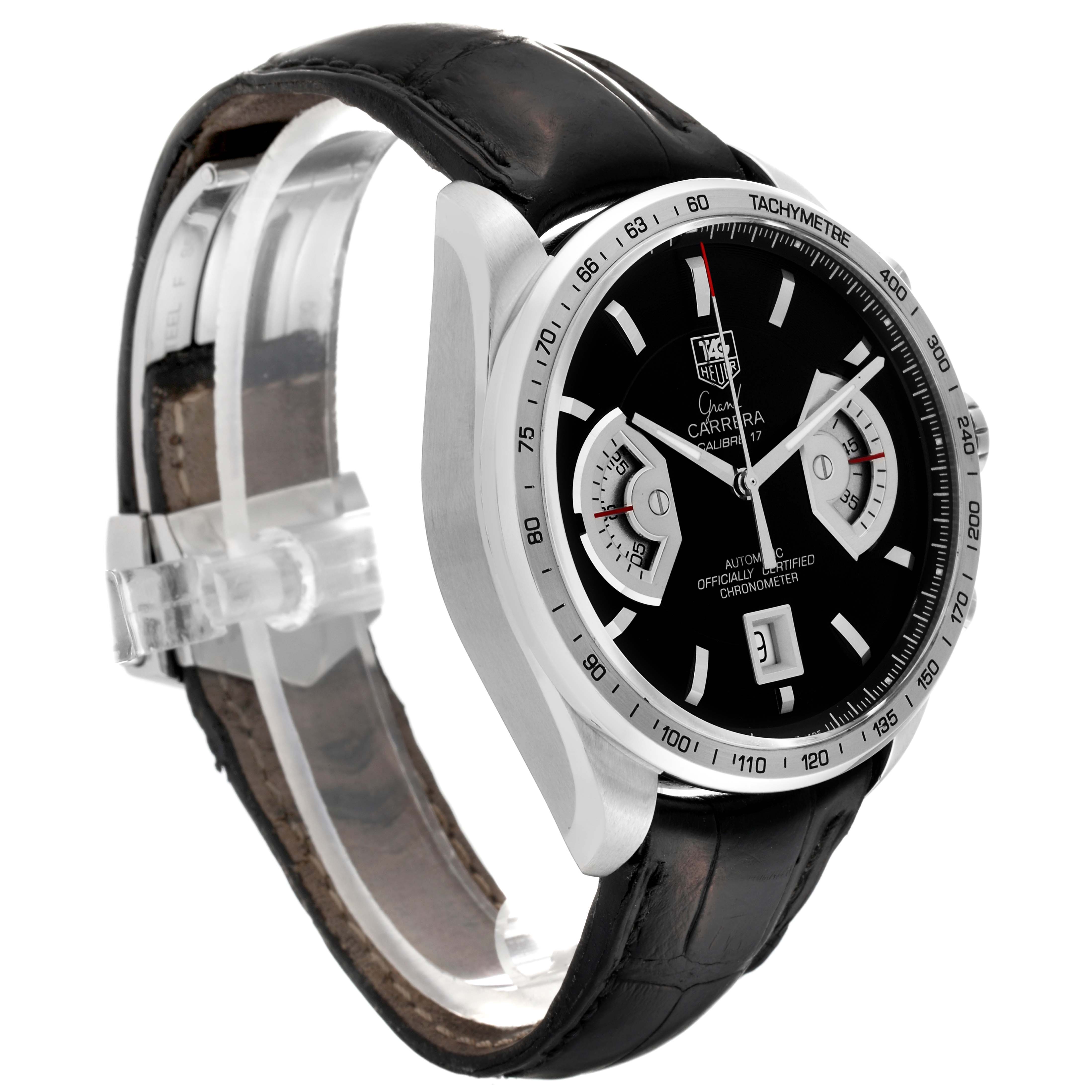 The image shows a side angle of a Tag Heuer Carrera CAV511A.FC6225 Men's Stainless Steel Black Dial CAV511A.FC6225 Men's Stainless Steel Black Dial model watch with a black leather strap and a black dial.