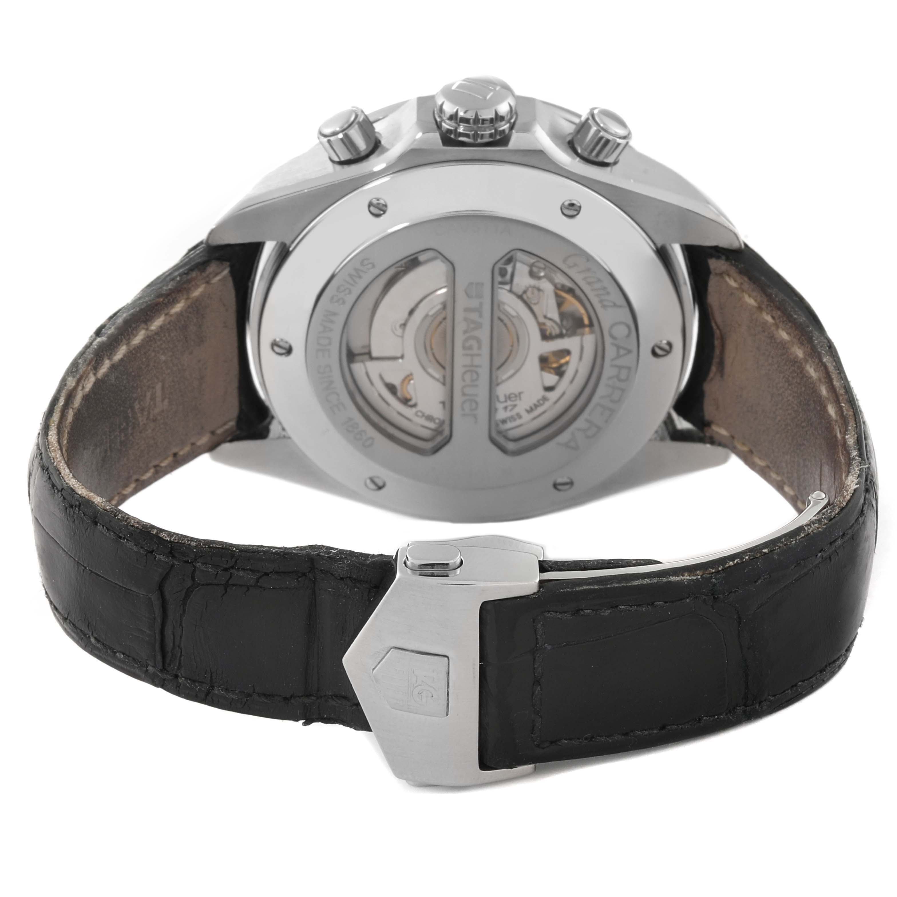 This image shows the back view of a Tag Heuer Carrera CAV511A.FC6225 Men's Stainless Steel Black Dial CAV511A.FC6225 Men's Stainless Steel Black Dial watch, highlighting the transparent case back and leather strap.