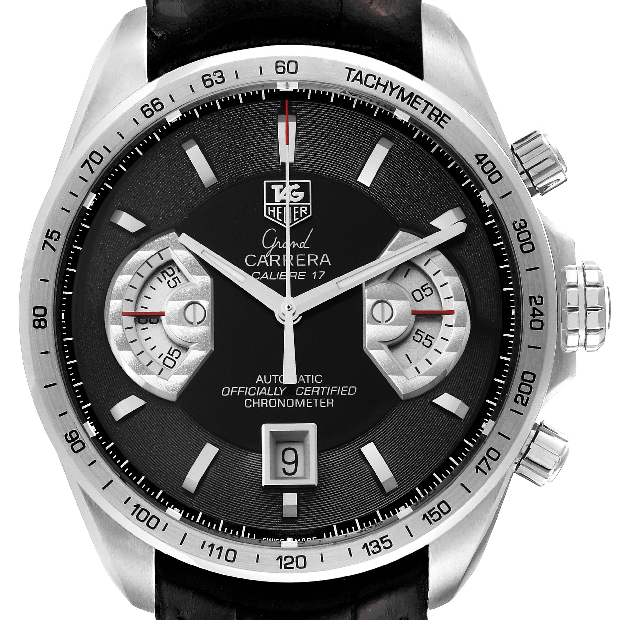 The image shows a frontal view of a Tag Heuer Carrera CAV511A.FC6225 Men's Stainless Steel Black Dial CAV511A.FC6225 Men's Stainless Steel Black Dial watch, displaying the dial, hands, tachymeter, and crown.