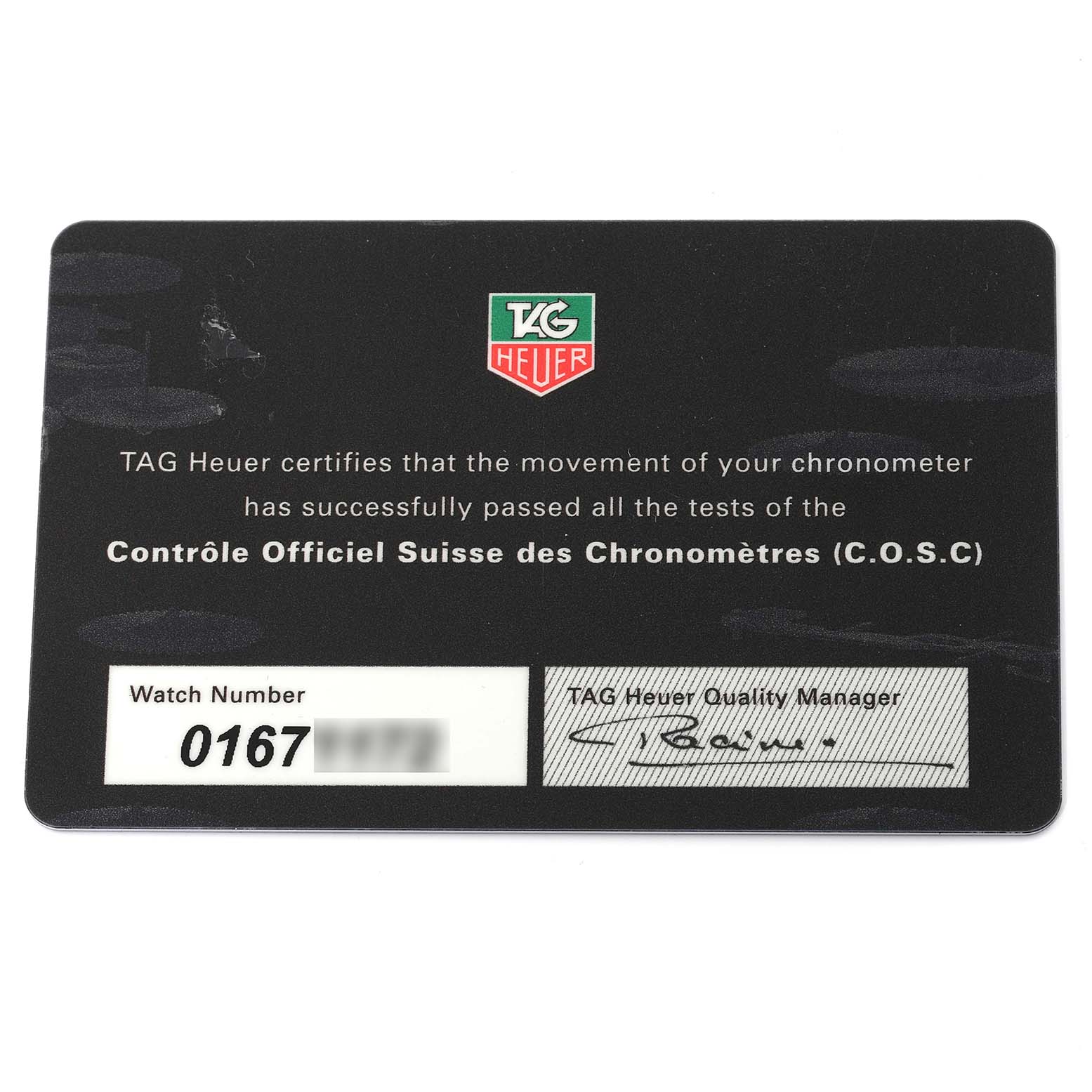 The image shows the back side of a Tag Heuer Carrera CAV511A.FC6225 Men's Stainless Steel Black Dial CAV511A.FC6225 Men's Stainless Steel Black Dial model certification card displaying watch number and COSC certification.