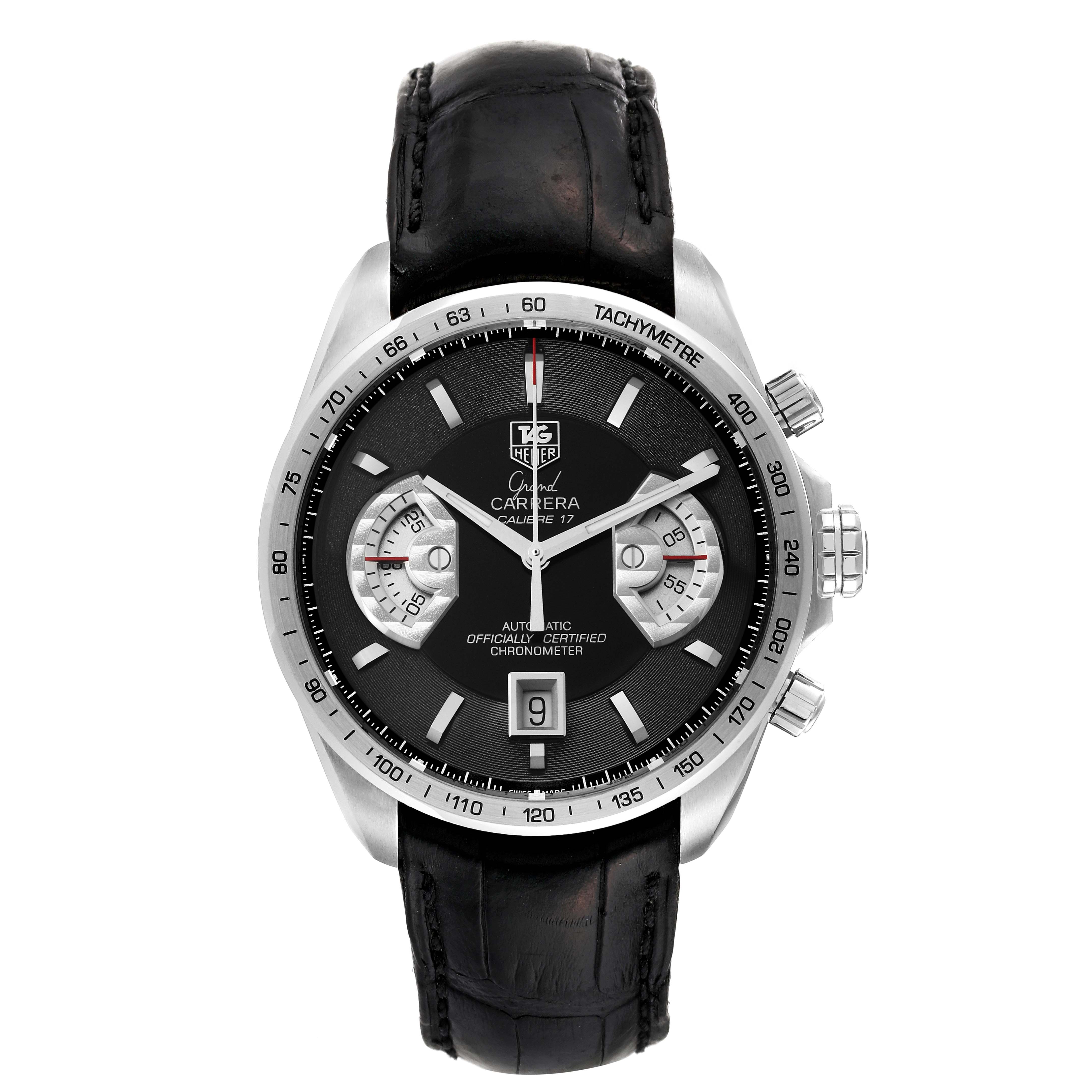 The image shows a Tag Heuer Carrera CAV511A.FC6225 Men's Stainless Steel Black Dial CAV511A.FC6225 Men's Stainless Steel Black Dial watch front view displaying the dial, subdials, hands, date, and leather strap.