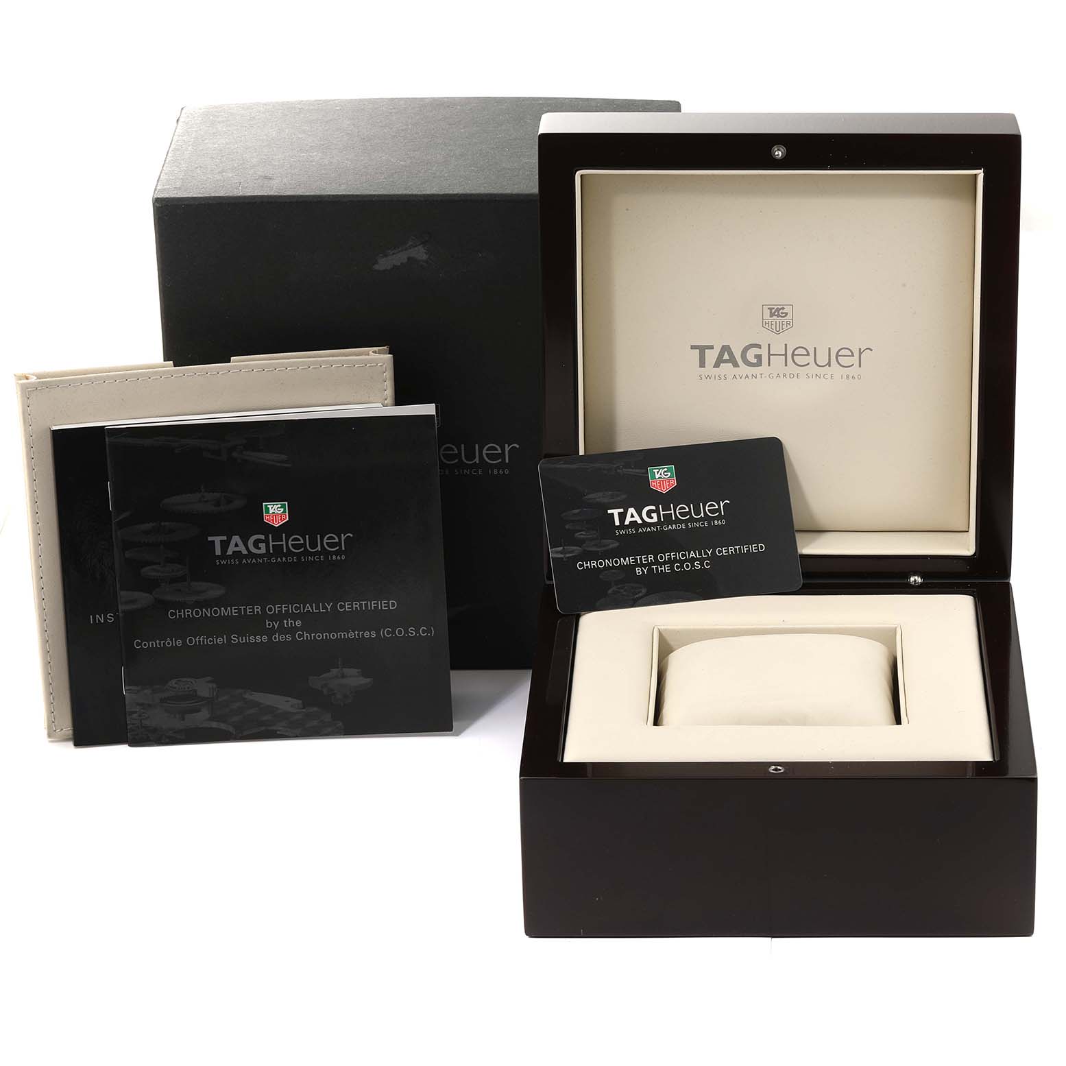 The image shows the packaging and accessories for a Tag Heuer Carrera CAV511A.FC6225 Men's Stainless Steel Black Dial CAV511A.FC6225 Men's Stainless Steel Black Dial watch, including a box, manual, and certification card.