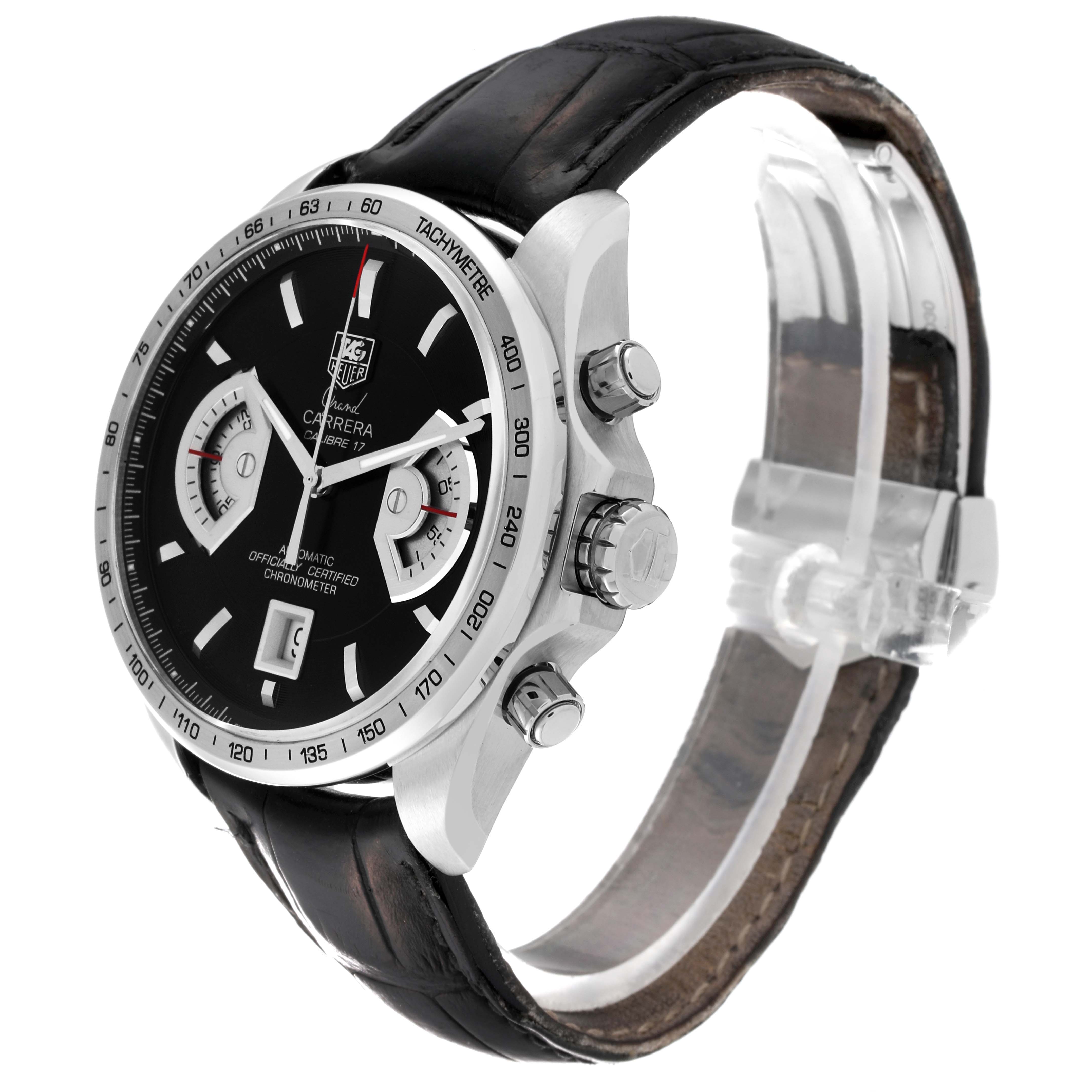 The Tag Heuer Carrera CAV511A.FC6225 Men's Stainless Steel Black Dial CAV511A.FC6225 Men's Stainless Steel Black Dial model watch is shown at a three-quarter side angle, highlighting its black dial, leather strap, and chronograph features.